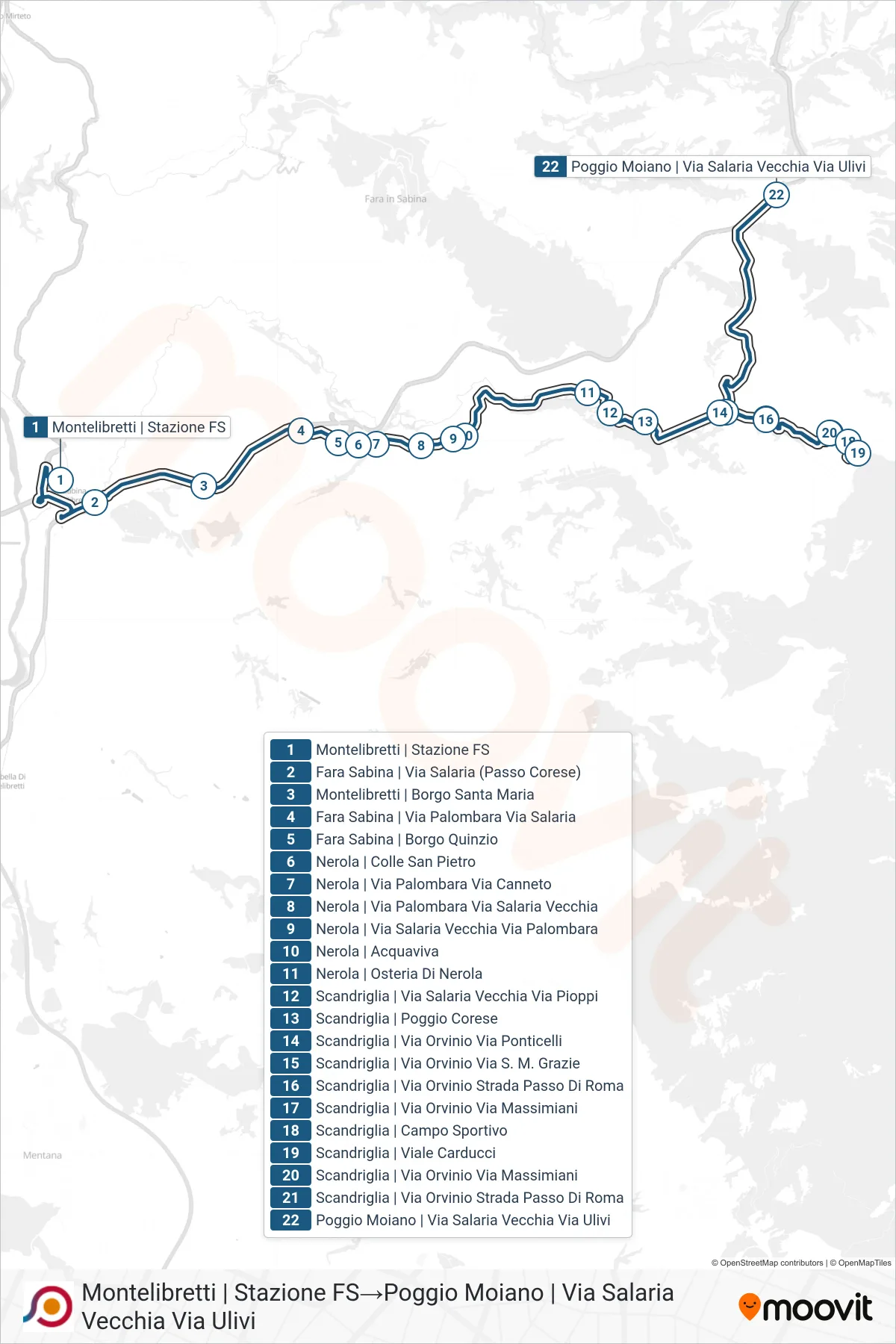 Linea COTRAL bus (Montelibretti | Stazione FS→Poggio Moiano | Via Salaria Vecchia Via Ulivi) - Percorsi e fermate sulla mappa