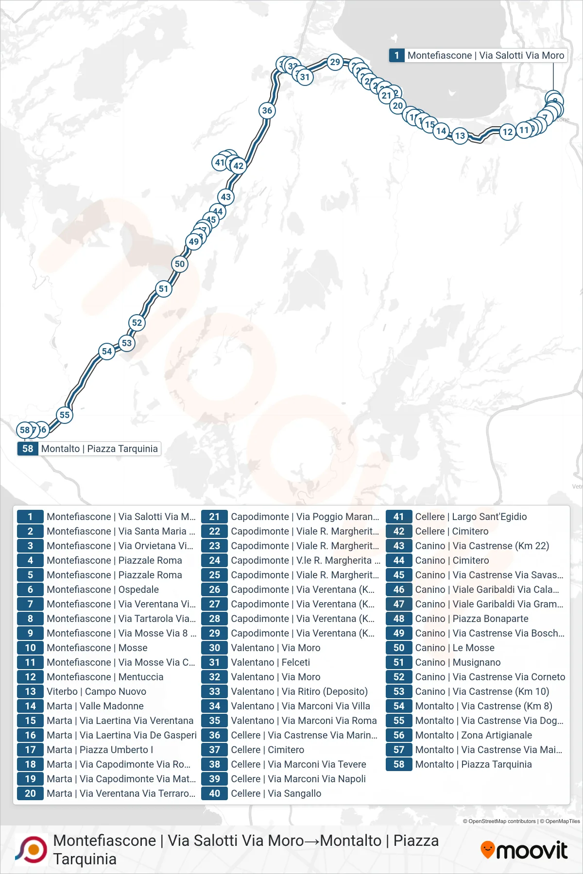Linea COTRAL bus (Montefiascone | Via Salotti Via Moro→Montalto | Piazza Tarquinia) - Percorsi e fermate sulla mappa