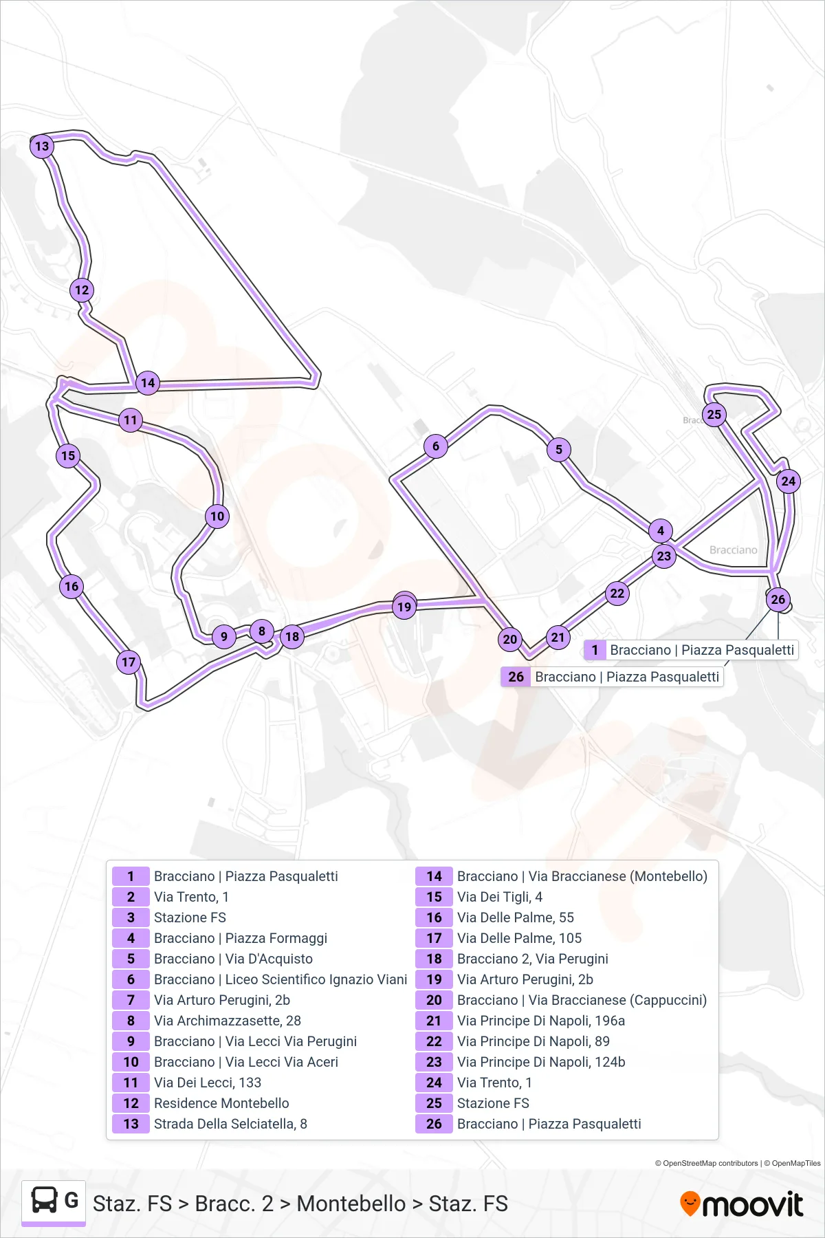 Linea G bus (Staz. FS > Bracc. 2 > Montebello > Staz. FS) - Percorsi e fermate sulla mappa