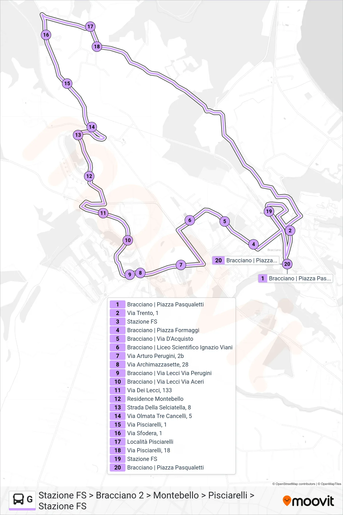Linea G bus (Stazione FS > Bracciano 2 > Montebello > Pisciarelli > Stazione FS) - Percorsi e fermate sulla mappa