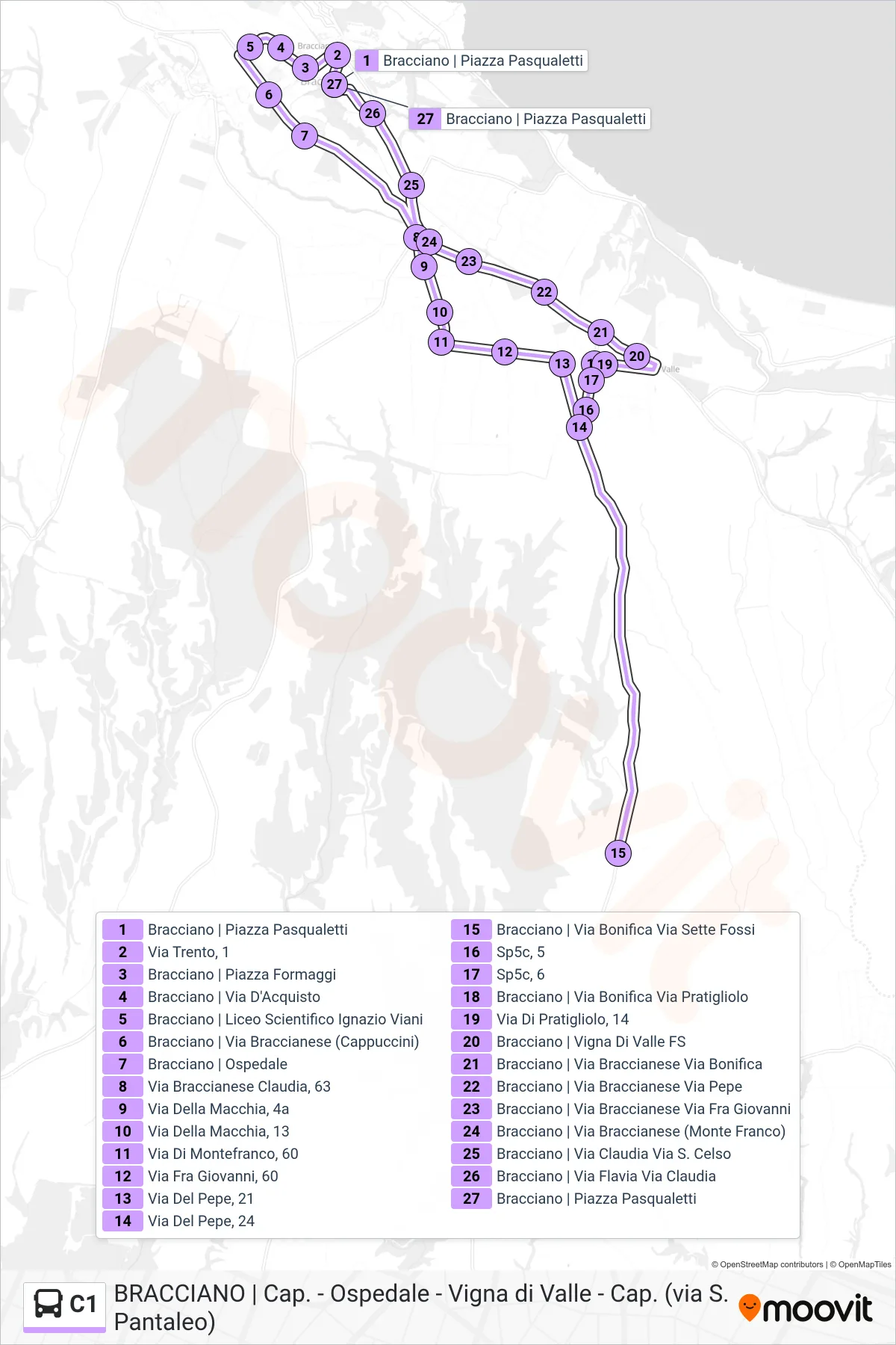 Linea C1 bus (Ospedale > S. Pantaleo > Vigna Di Valle) - Percorsi e fermate sulla mappa