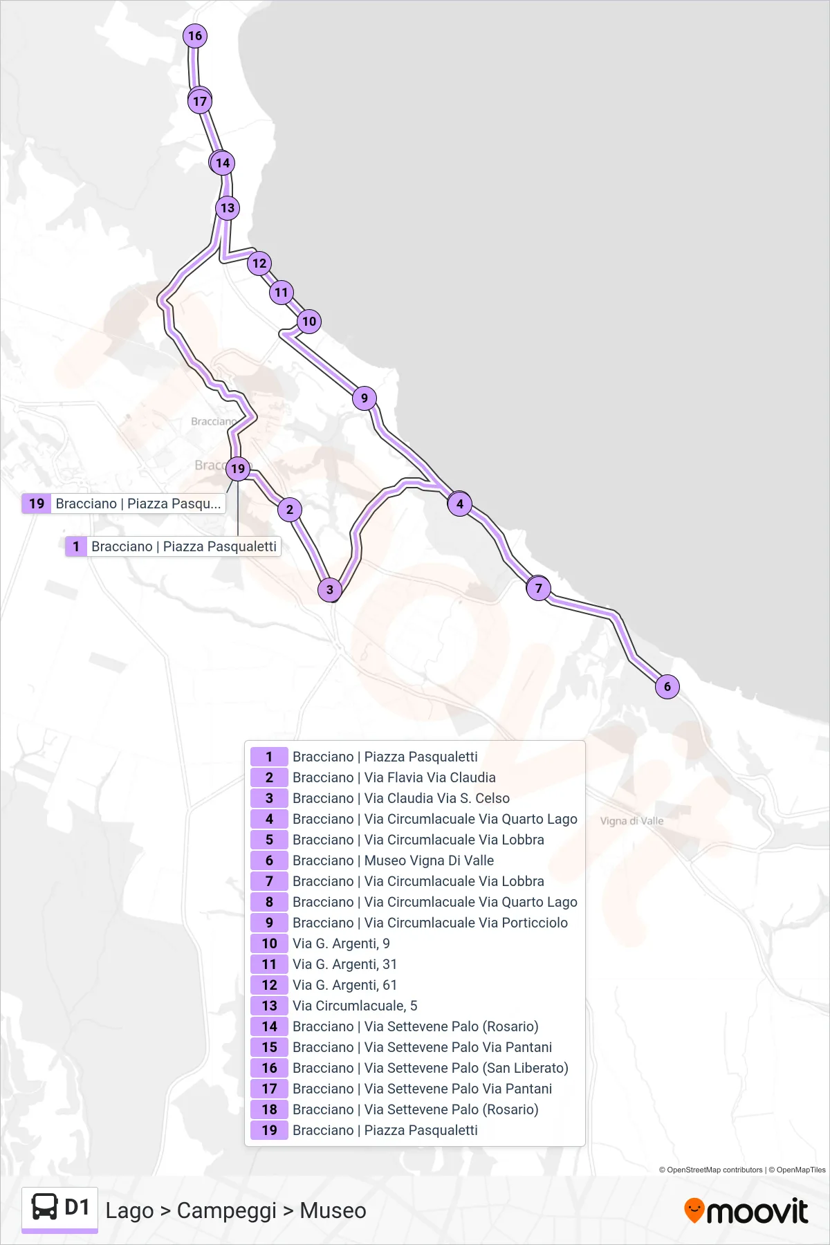 Linea D1 bus (Lago > Campeggi > Museo) - Percorsi e fermate sulla mappa