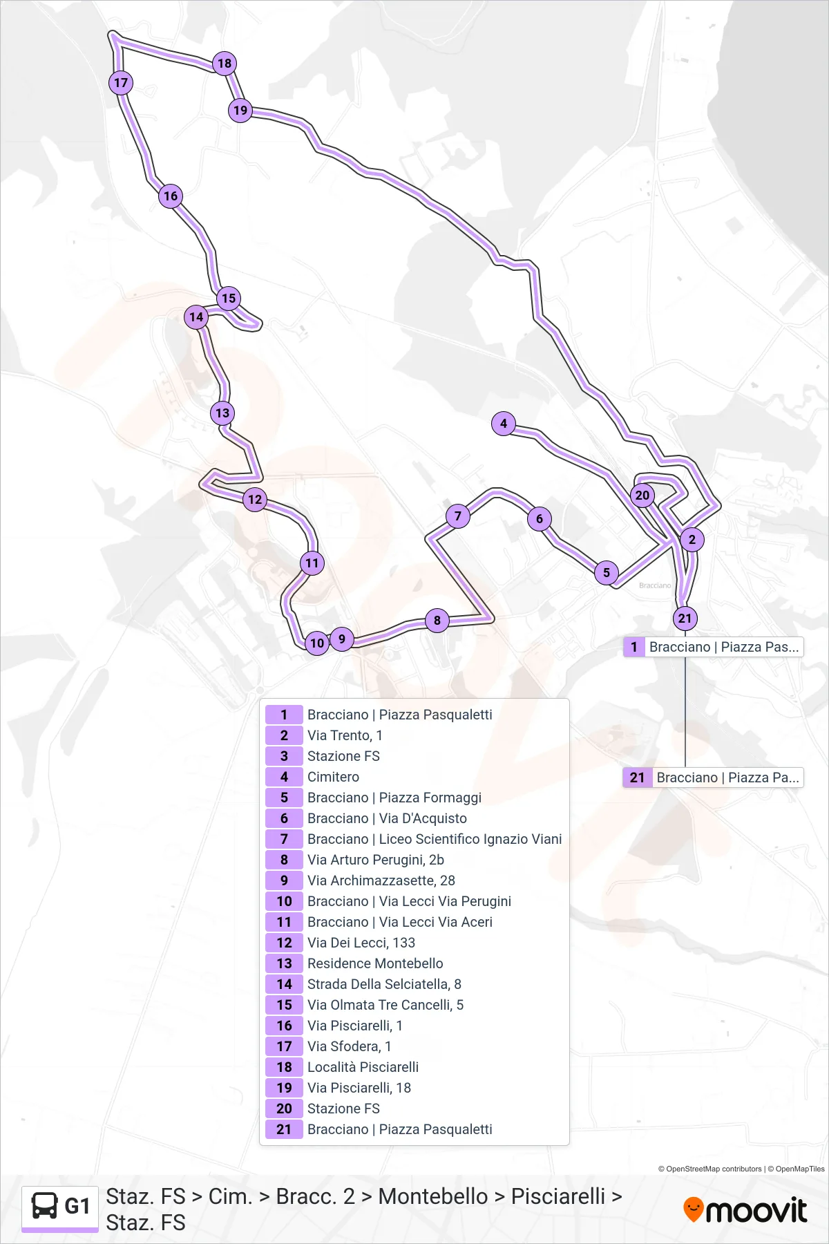 Linea G1 bus (Staz. FS > Cim. > Bracc. 2 > Montebello > Pisciarelli > Staz. FS) - Percorsi e fermate sulla mappa