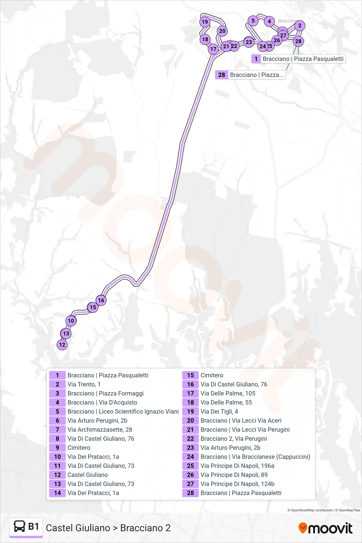 Linea B1 bus (Castel Giuliano > Bracciano 2) - Percorsi e fermate sulla mappa