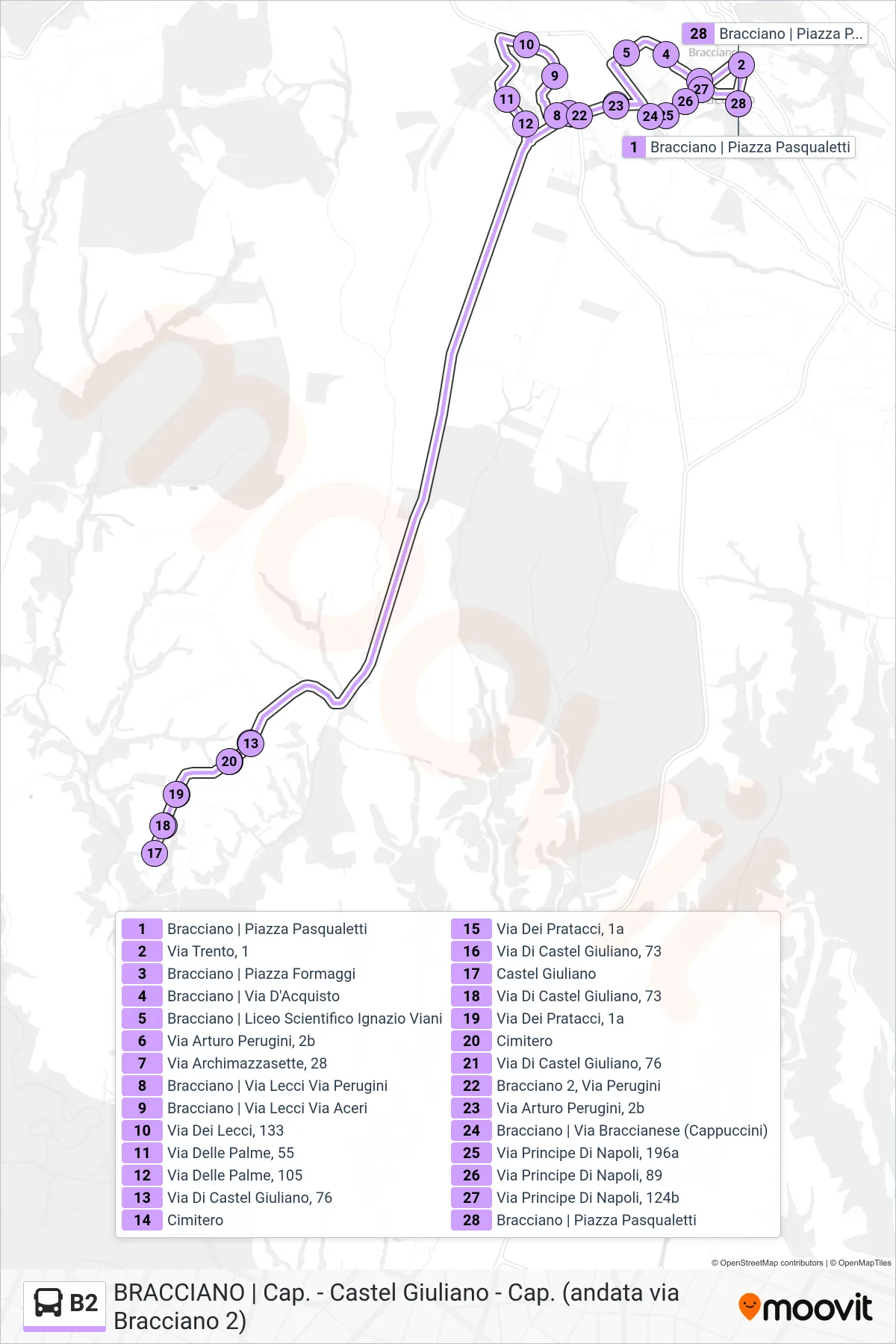Linea B2 bus (Bracciano 2 > Castel Giuliano) - Percorsi e fermate sulla mappa