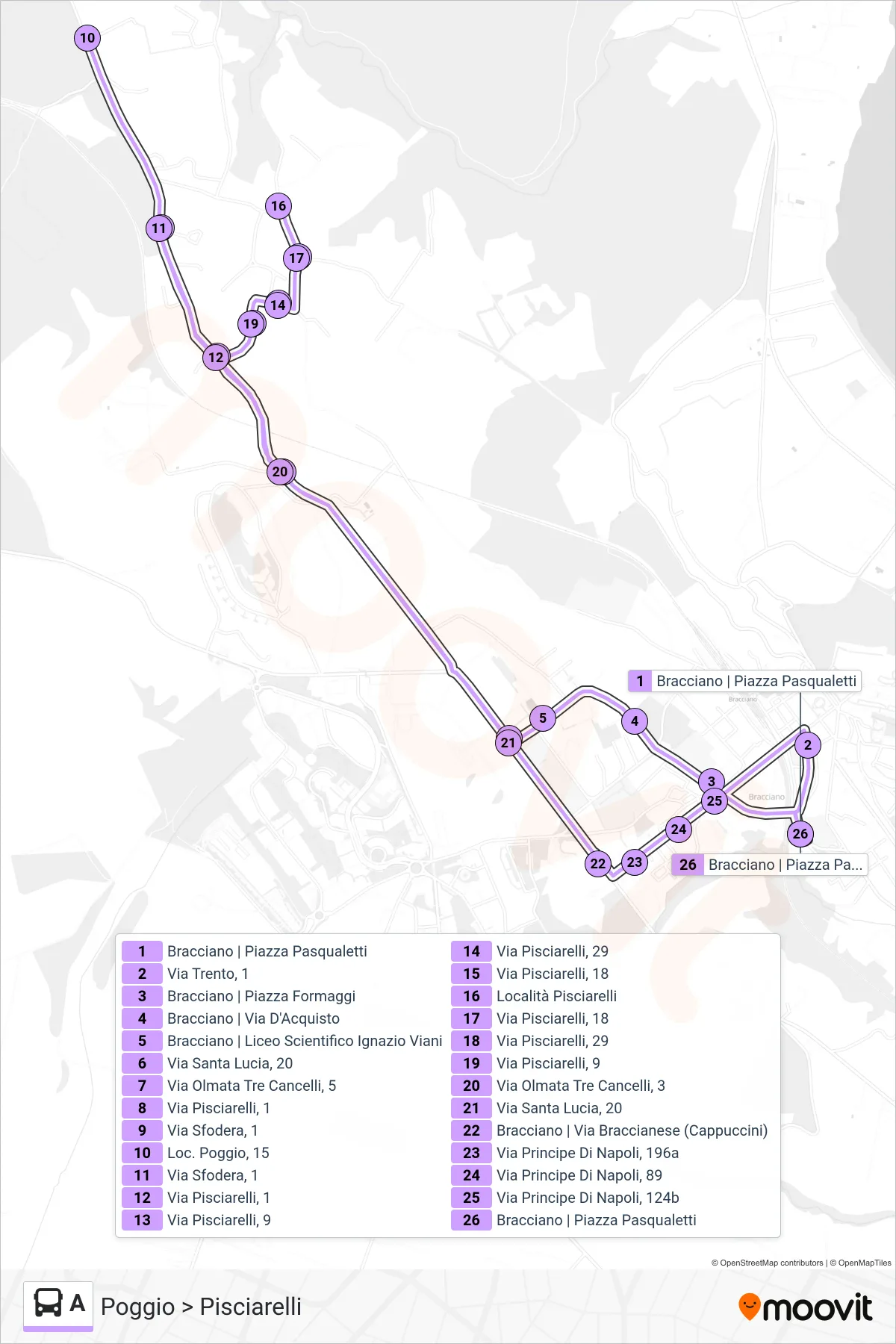 Linea A bus (Poggio > Pisciarelli) - Percorsi e fermate sulla mappa