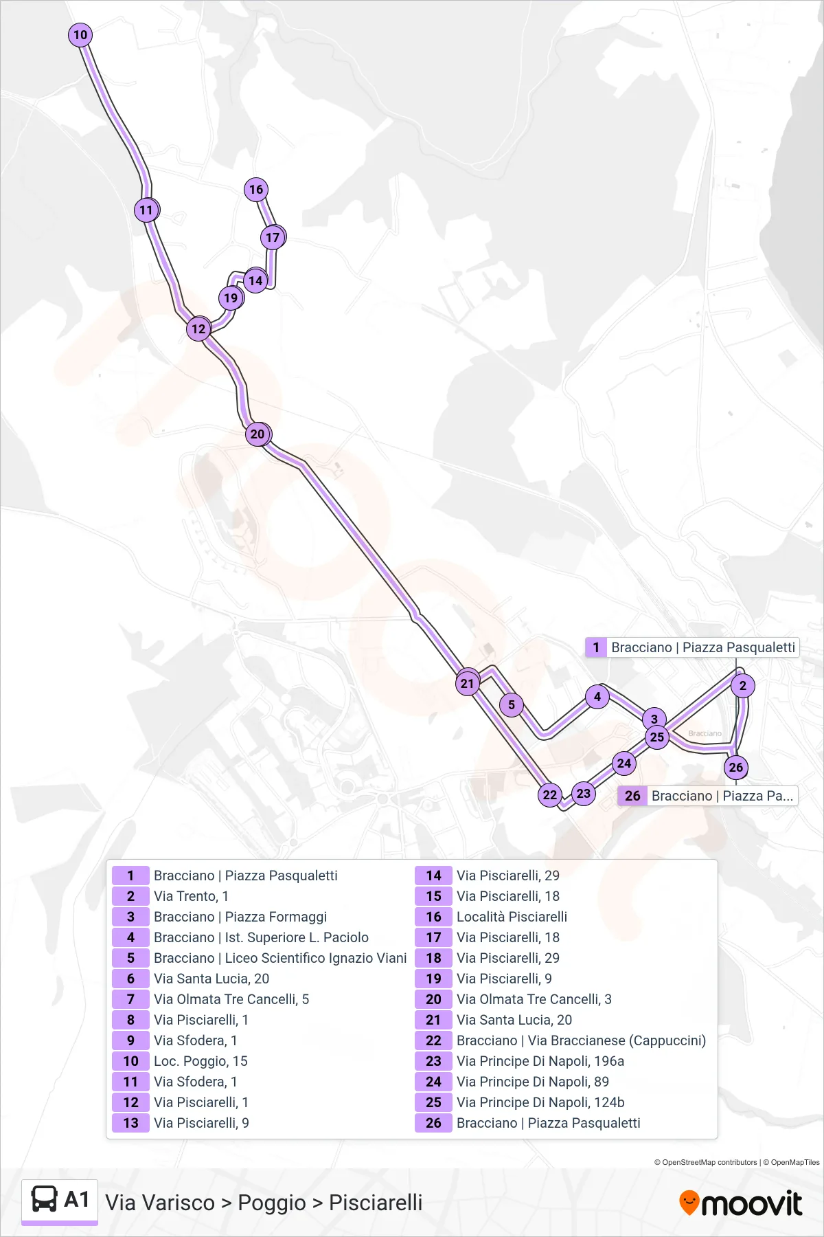 Linea A1 bus (Via Varisco > Poggio > Pisciarelli) - Percorsi e fermate sulla mappa