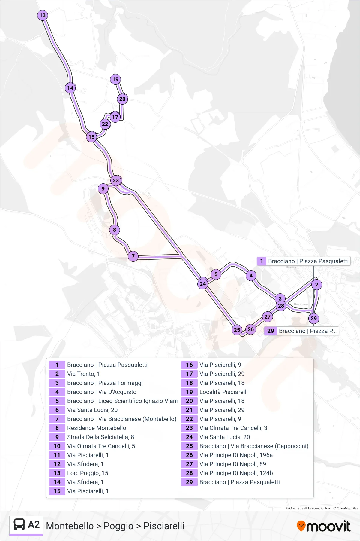 Linea A2 bus (Montebello > Poggio > Pisciarelli) - Percorsi e fermate sulla mappa