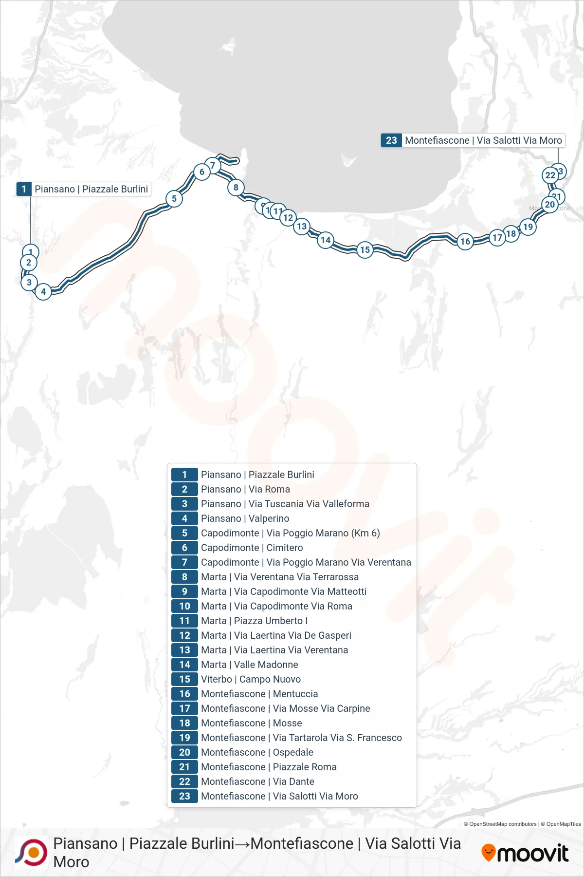 Linea COTRAL bus (Piansano | Piazzale Burlini→Montefiascone | Via Salotti Via Moro) - Percorsi e fermate sulla mappa