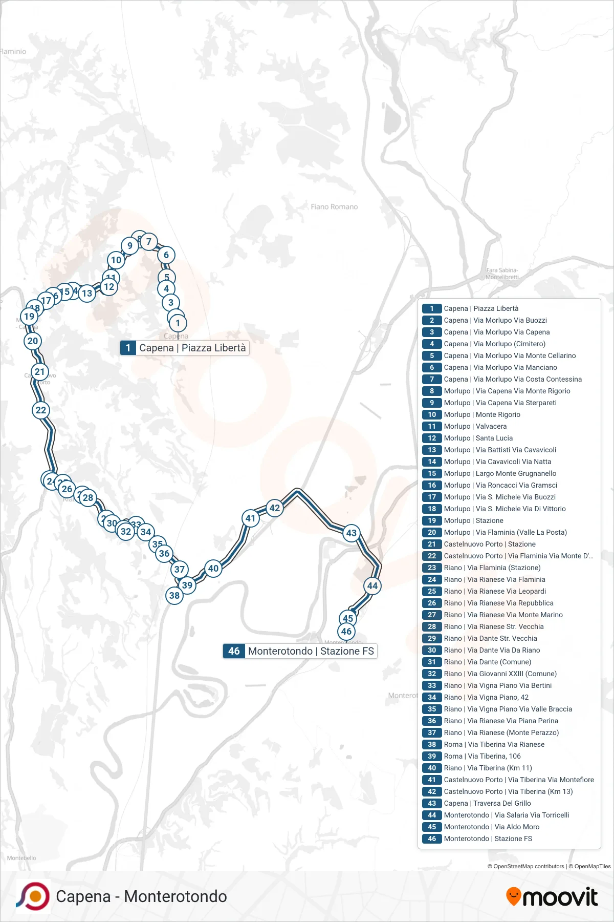 Linea COTRAL bus (Capena | Piazza Libertà→Monterotondo | Stazione FS) - Percorsi e fermate sulla mappa