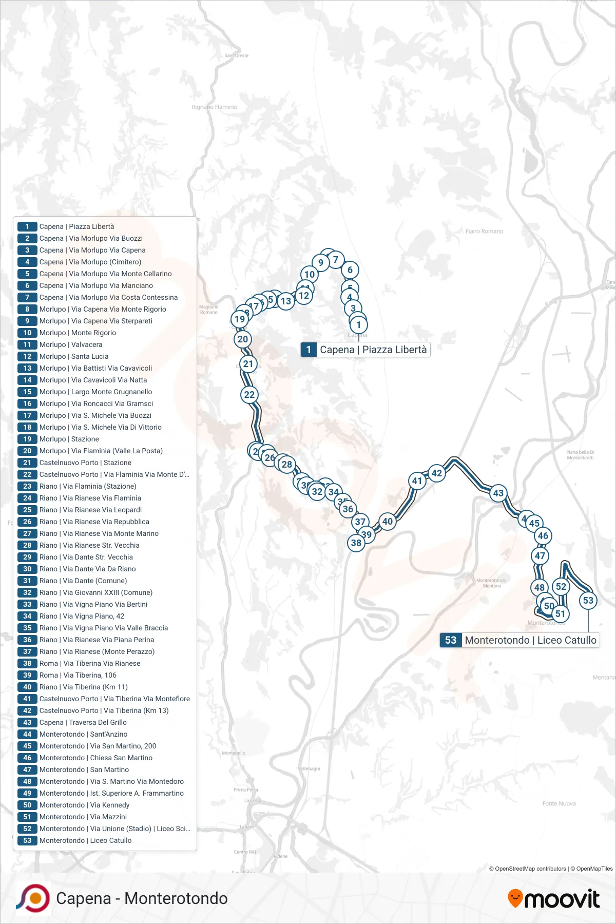 Linea COTRAL bus (Capena | Piazza Libertà→Monterotondo | Liceo Catullo) - Percorsi e fermate sulla mappa