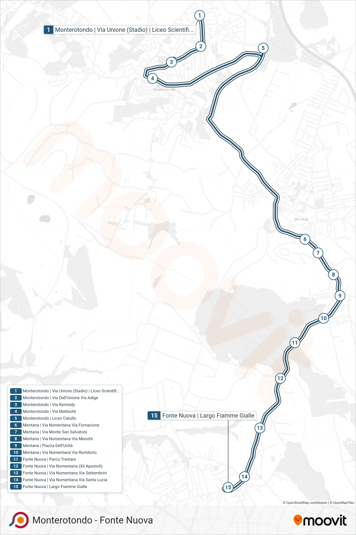 Linea COTRAL bus (Monterotondo | Via Unione (Stadio) | Liceo Scientifico G.Peano→Fonte Nuova | Largo Fiamme Gialle) - Percorsi e fermate sulla mappa