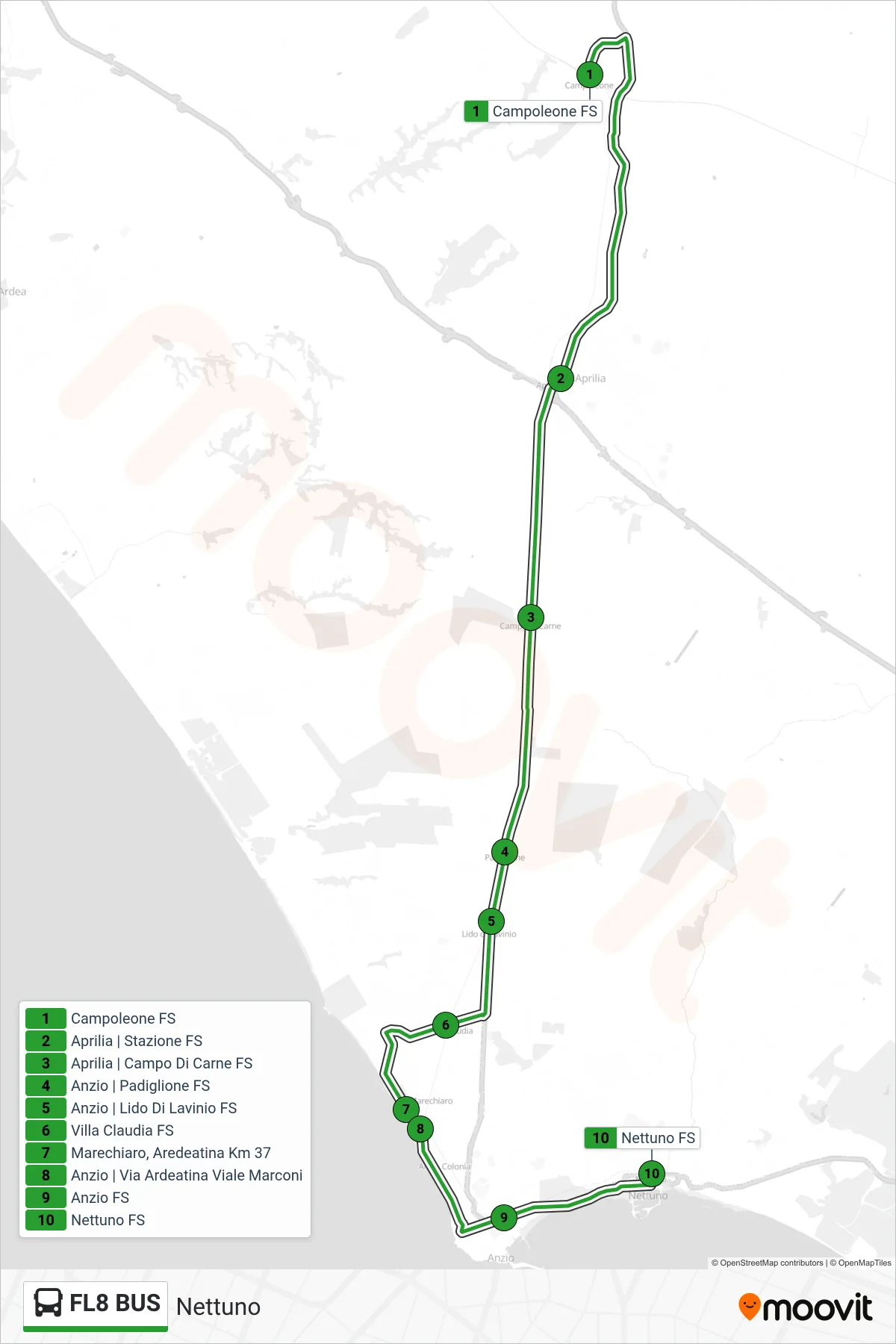 Linea FL8 BUS bus (Nettuno) - Percorsi e fermate sulla mappa