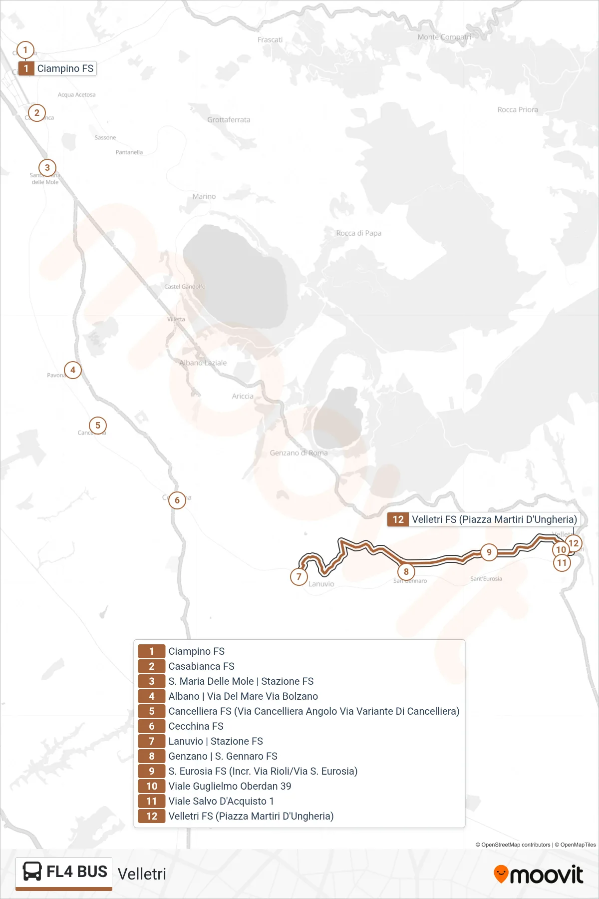 Linea FL4 BUS bus (Velletri) - Percorsi e fermate sulla mappa