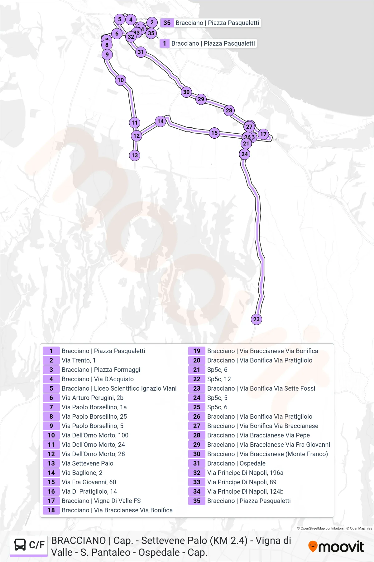 Linea C/F bus (Settevene Palo (Km 2.4) > Vigna Di Valle > S. Pantaleo) - Percorsi e fermate sulla mappa
