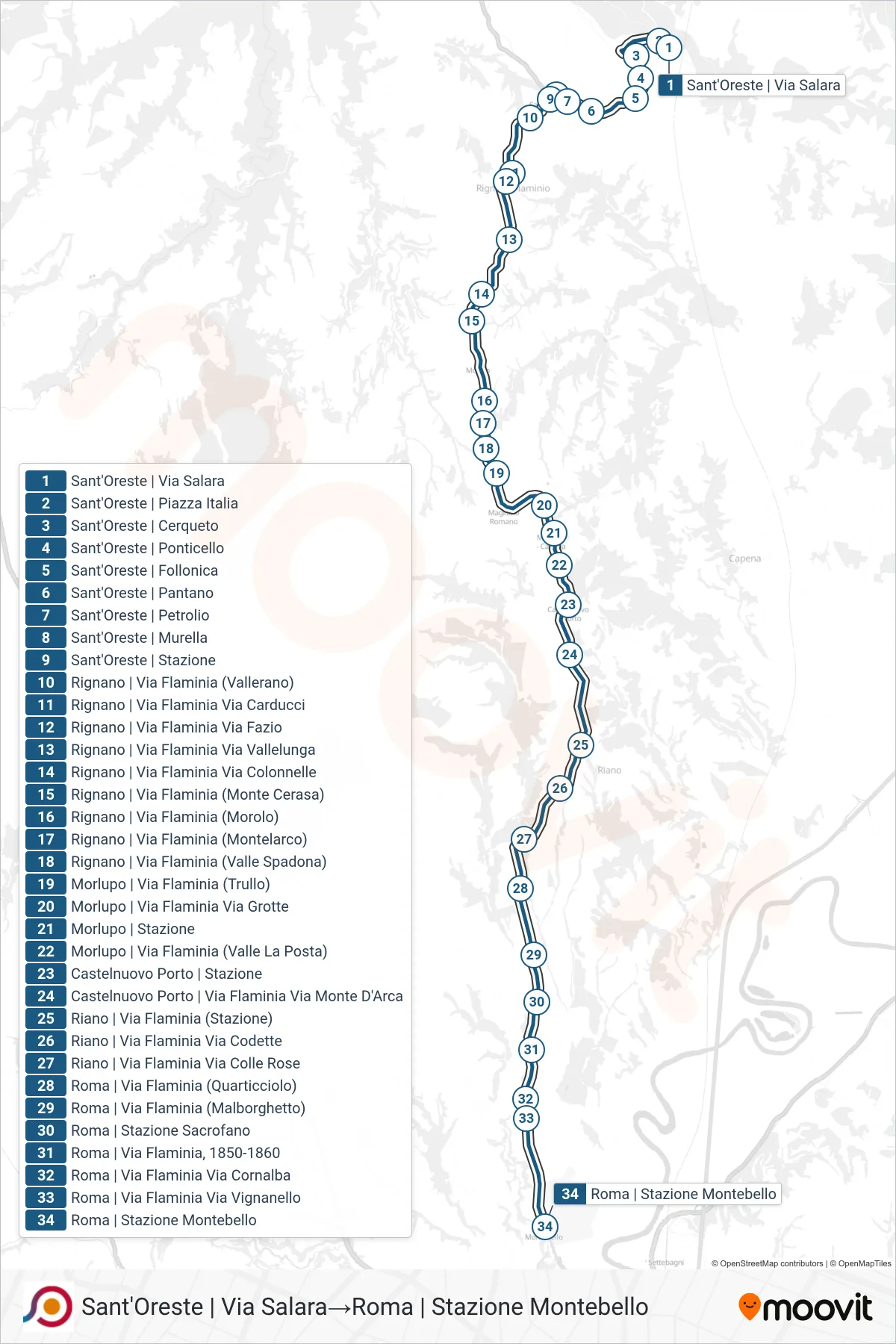 Linea COTRAL bus (Sant'Oreste | Via Salara→Roma | Stazione Montebello) - Percorsi e fermate sulla mappa