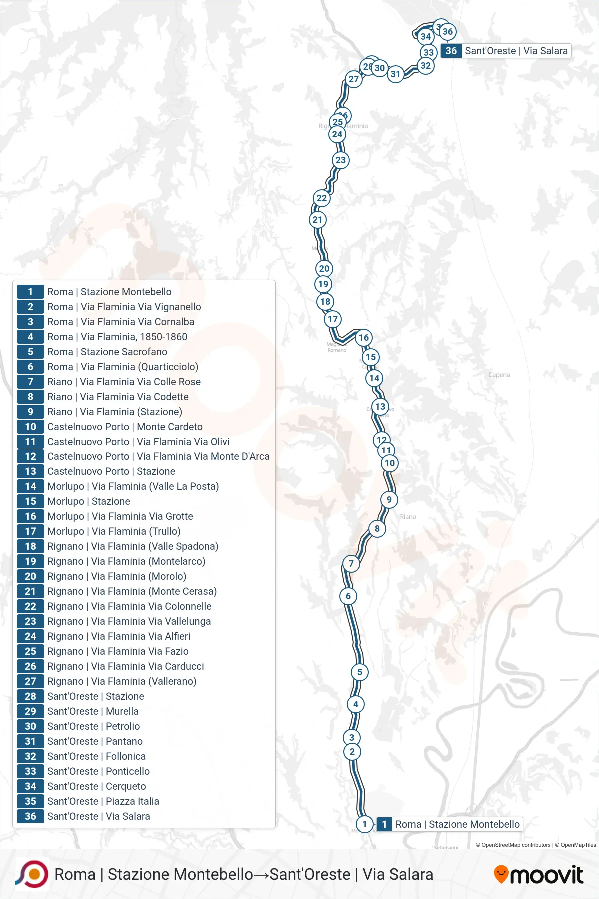 Linea COTRAL bus (Roma | Stazione Montebello→Sant'Oreste | Via Salara) - Percorsi e fermate sulla mappa