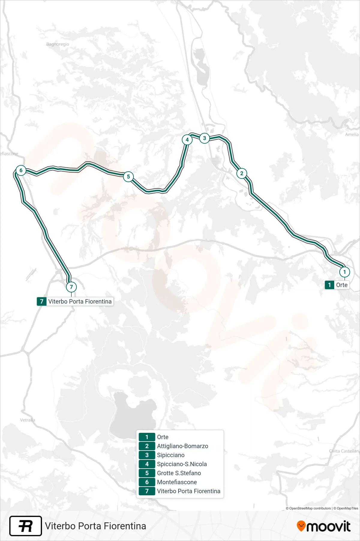 R train Line (Viterbo Porta Fiorentina) route and stops on a map