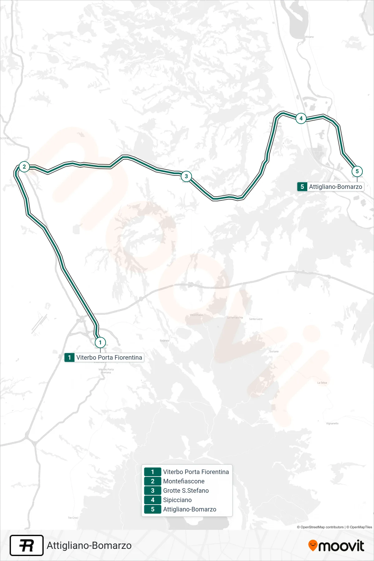 Linea R treno (Attigliano-Bomarzo) - Percorsi e fermate sulla mappa