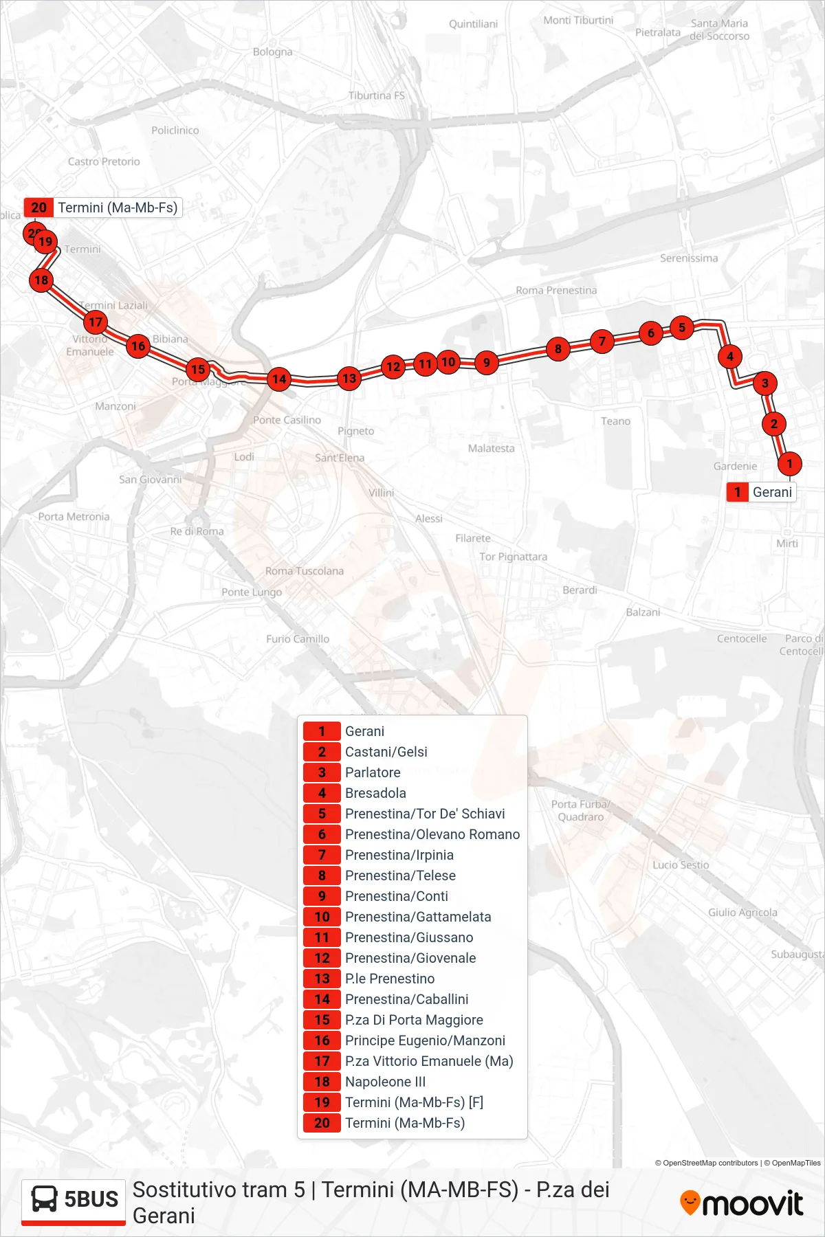 Linea 5BUS bus (Termini (Ma-Mb-Fs)) - Percorsi e fermate sulla mappa