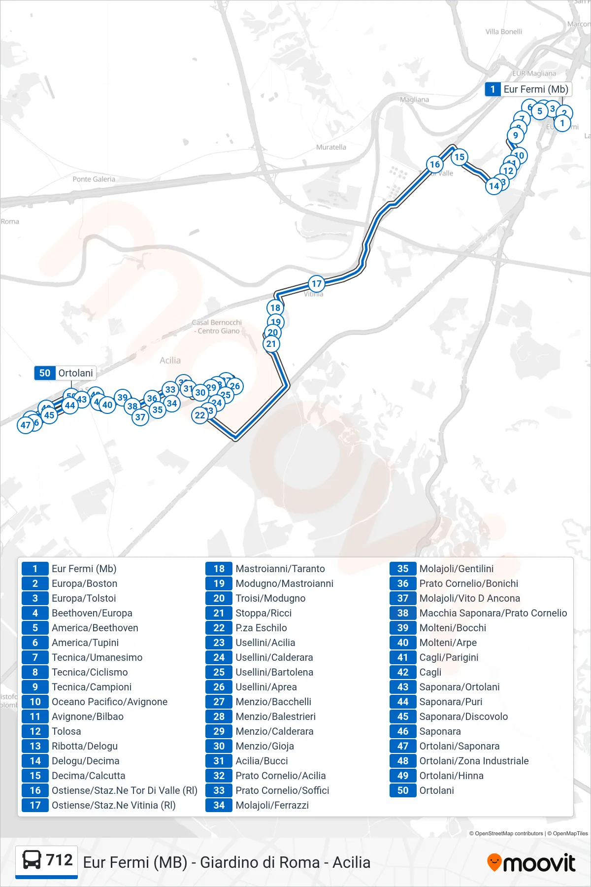 Linea 712 bus (Ortolani) - Percorsi e fermate sulla mappa