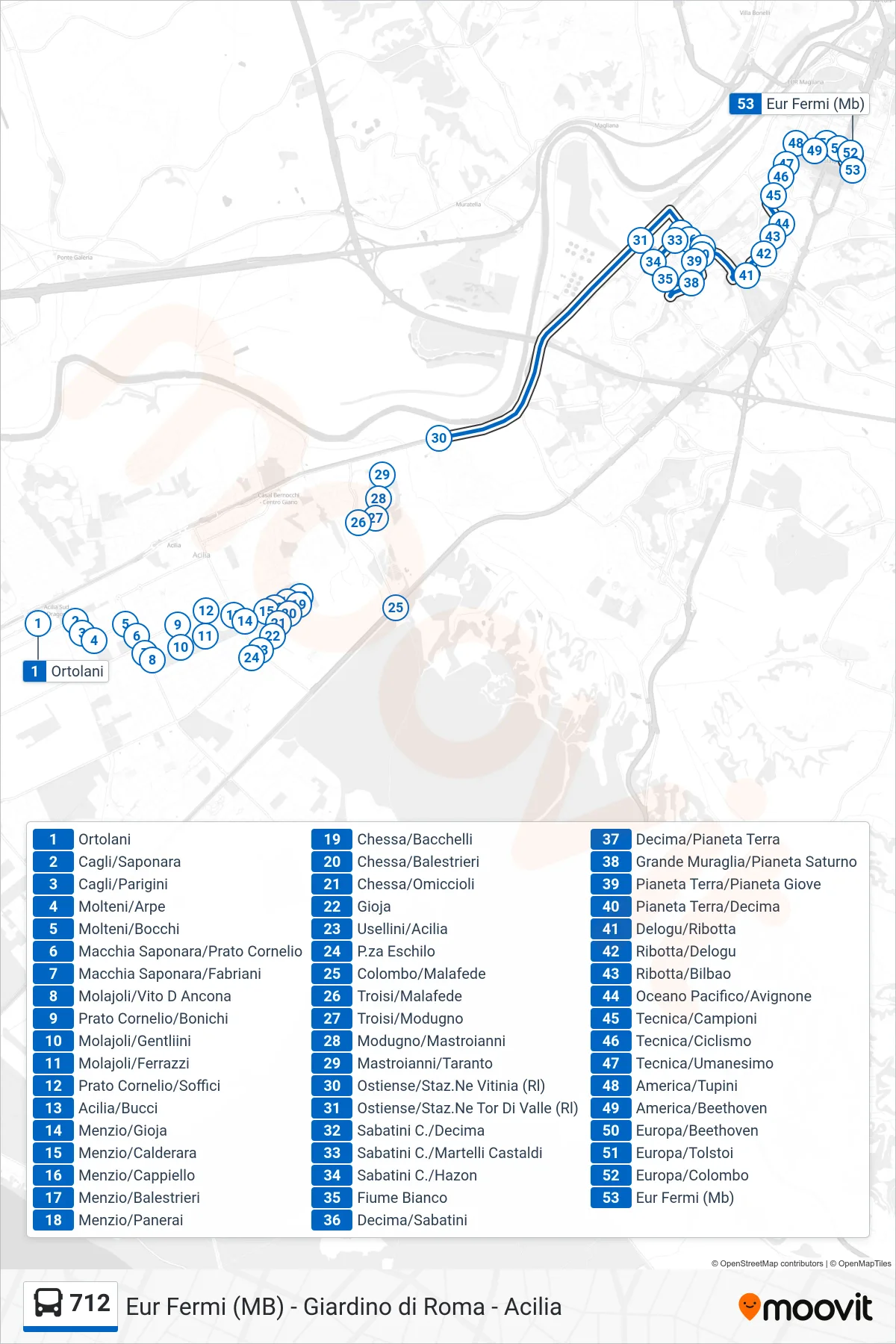 712 bus Line (Eur Fermi (Metro B)) route and stops on a map