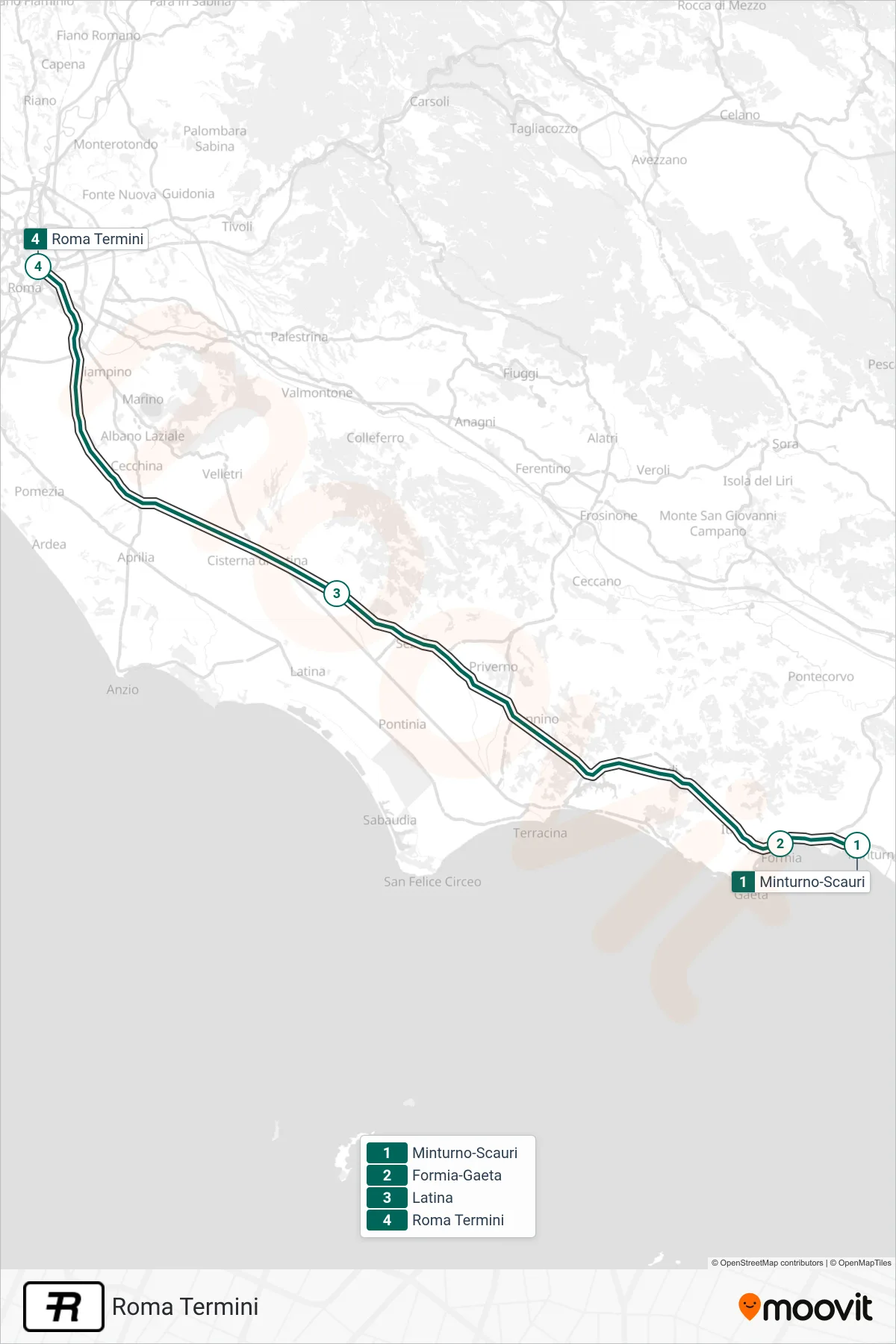 Linea R treno (Roma Termini) - Percorsi e fermate sulla mappa