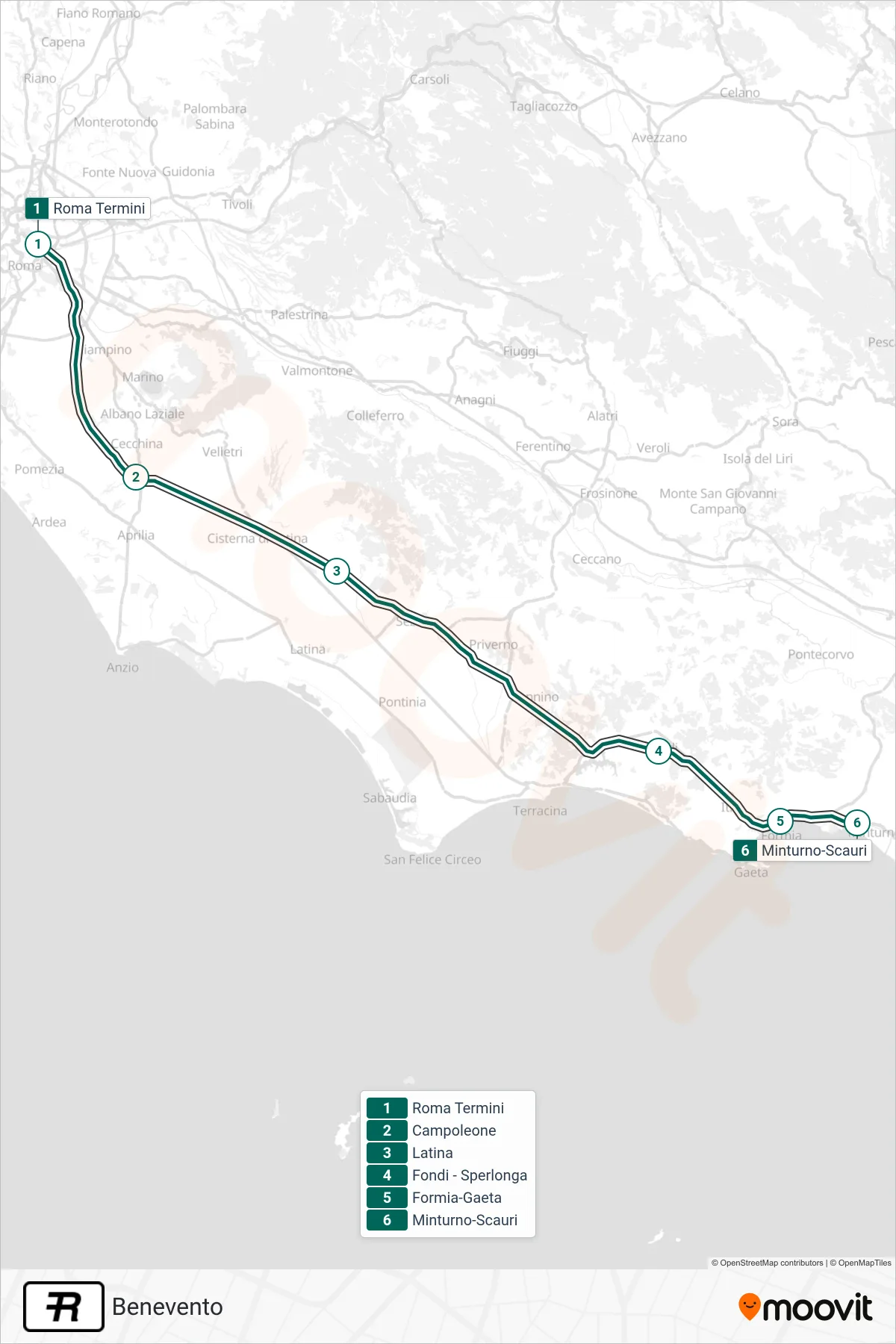 Linea R treno (Benevento) - Percorsi e fermate sulla mappa