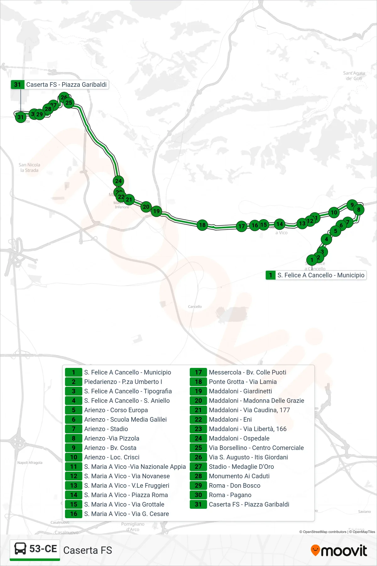 Linea 53-CE  bus (Caserta FS) - Percorsi e fermate sulla mappa