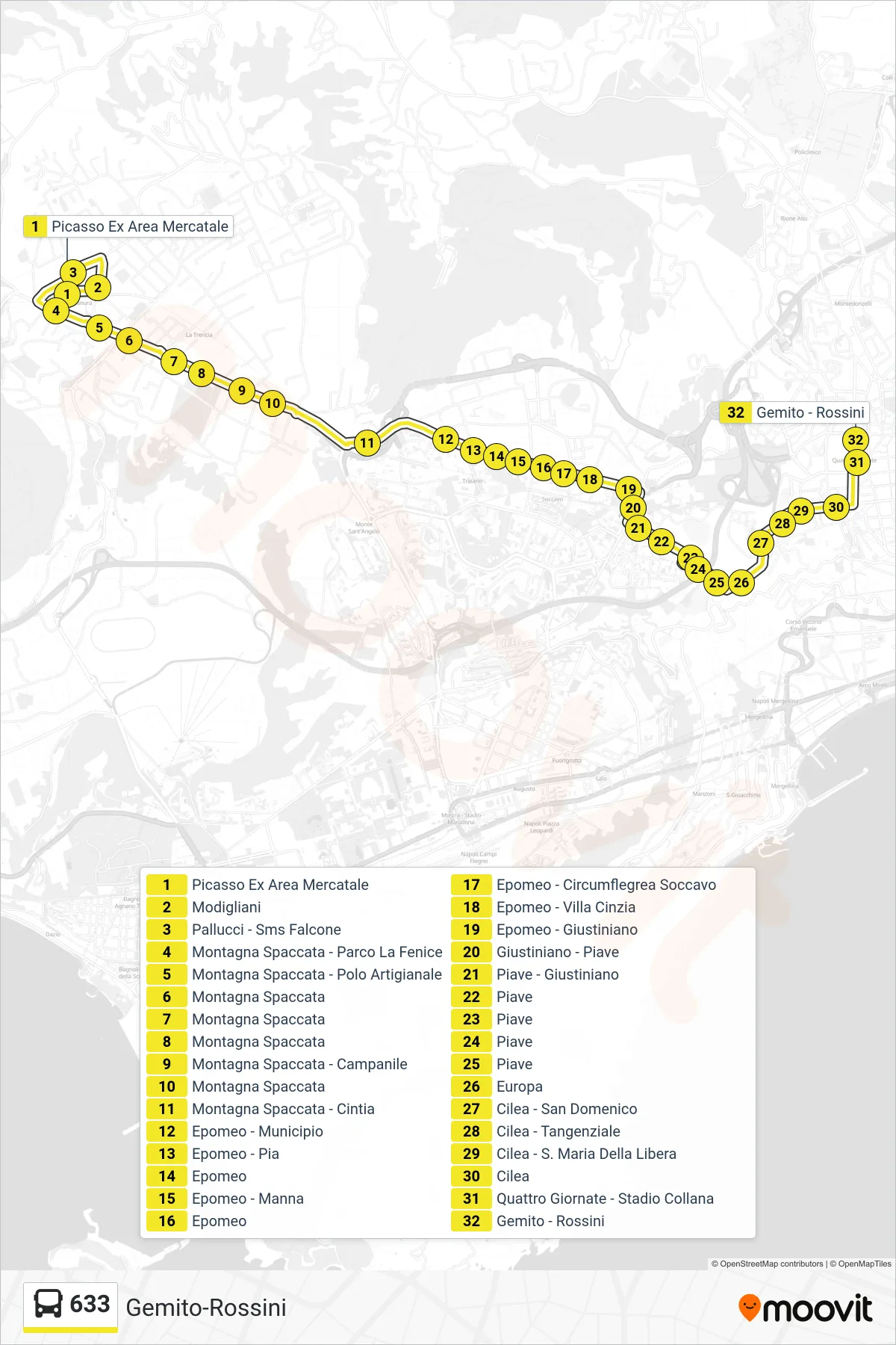 Linea 633  bus (Gemito-Rossini) - Percorsi e fermate sulla mappa
