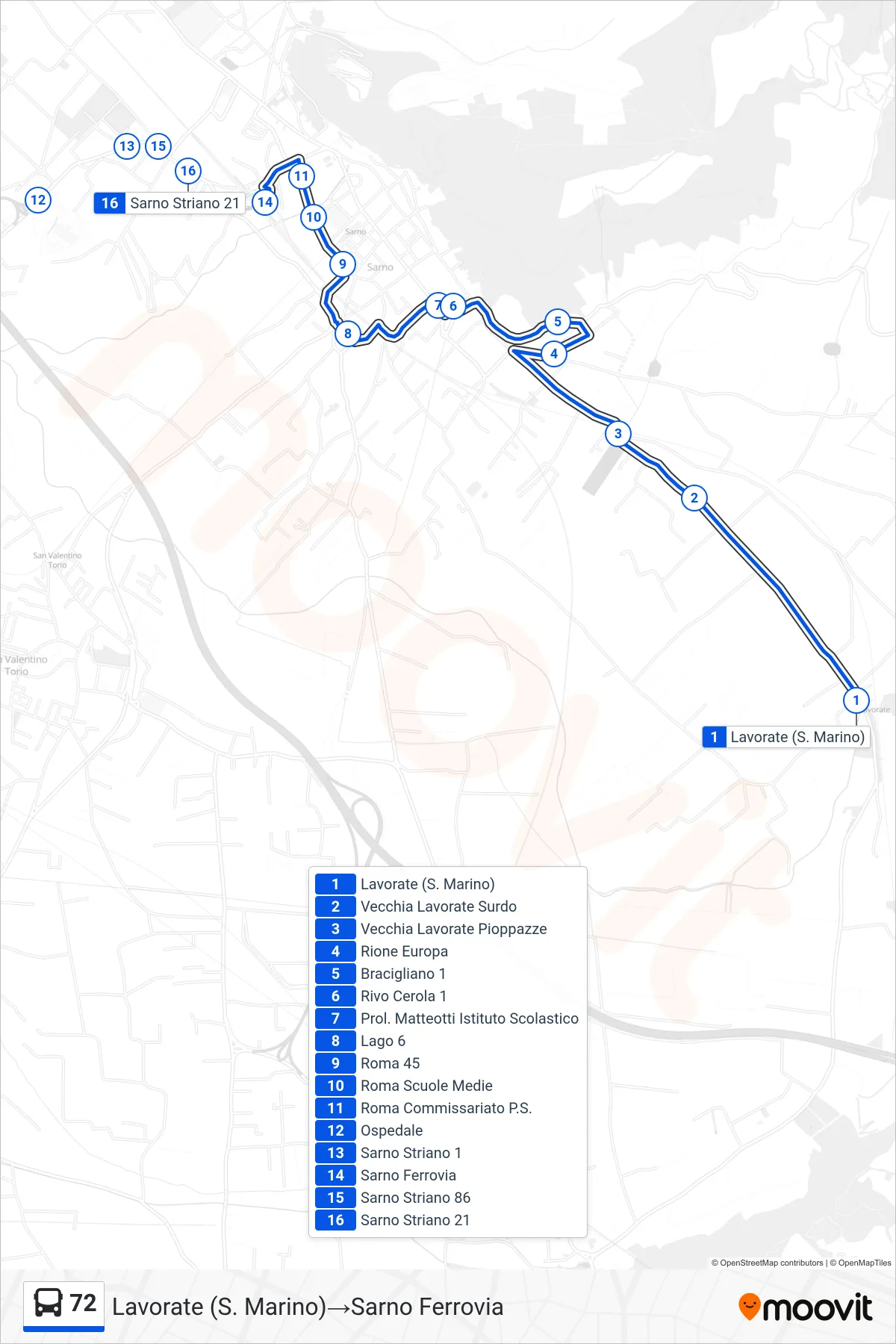 Linea 72 bus (Lavorate (S. Marino)→Sarno Ferrovia) - Percorsi e fermate sulla mappa