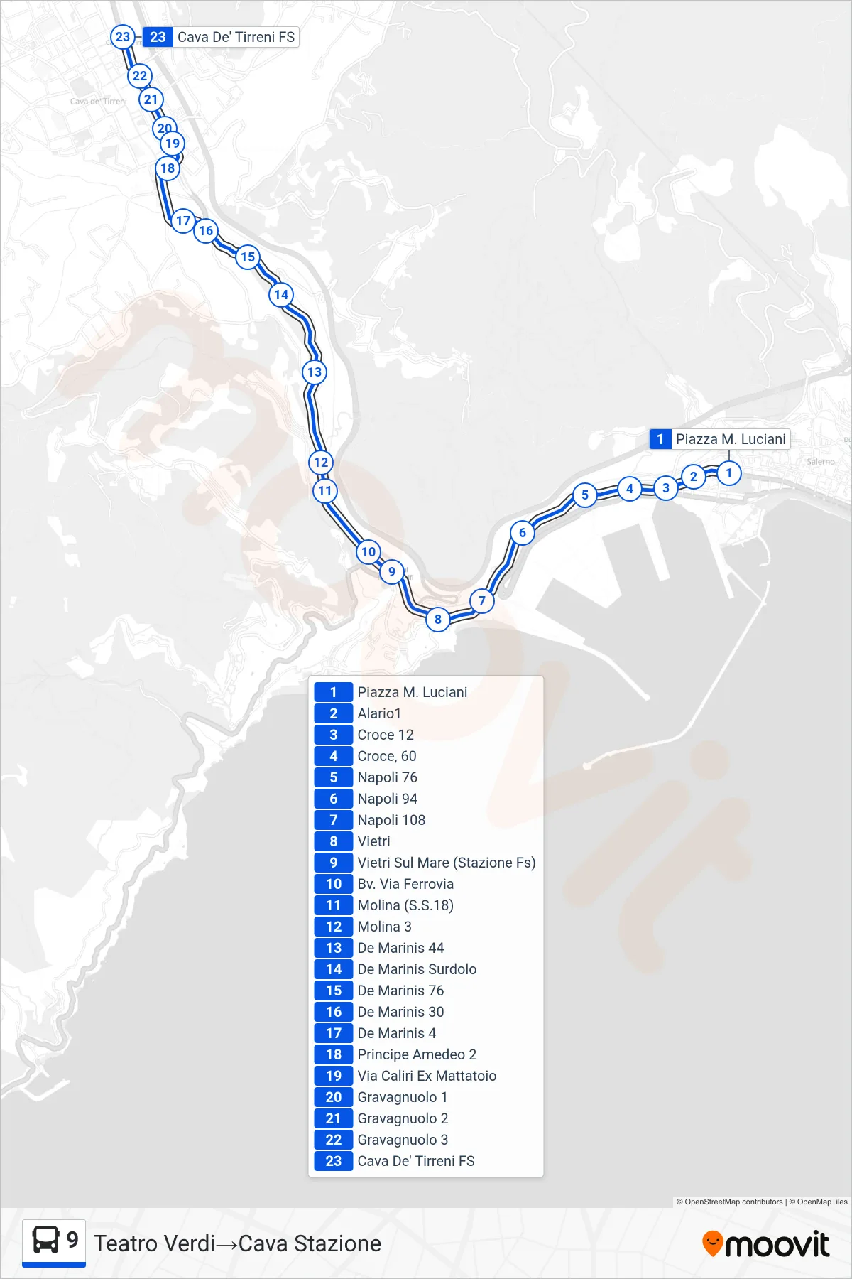 Linea 9 bus (Teatro Verdi→Cava Stazione) - Percorsi e fermate sulla mappa