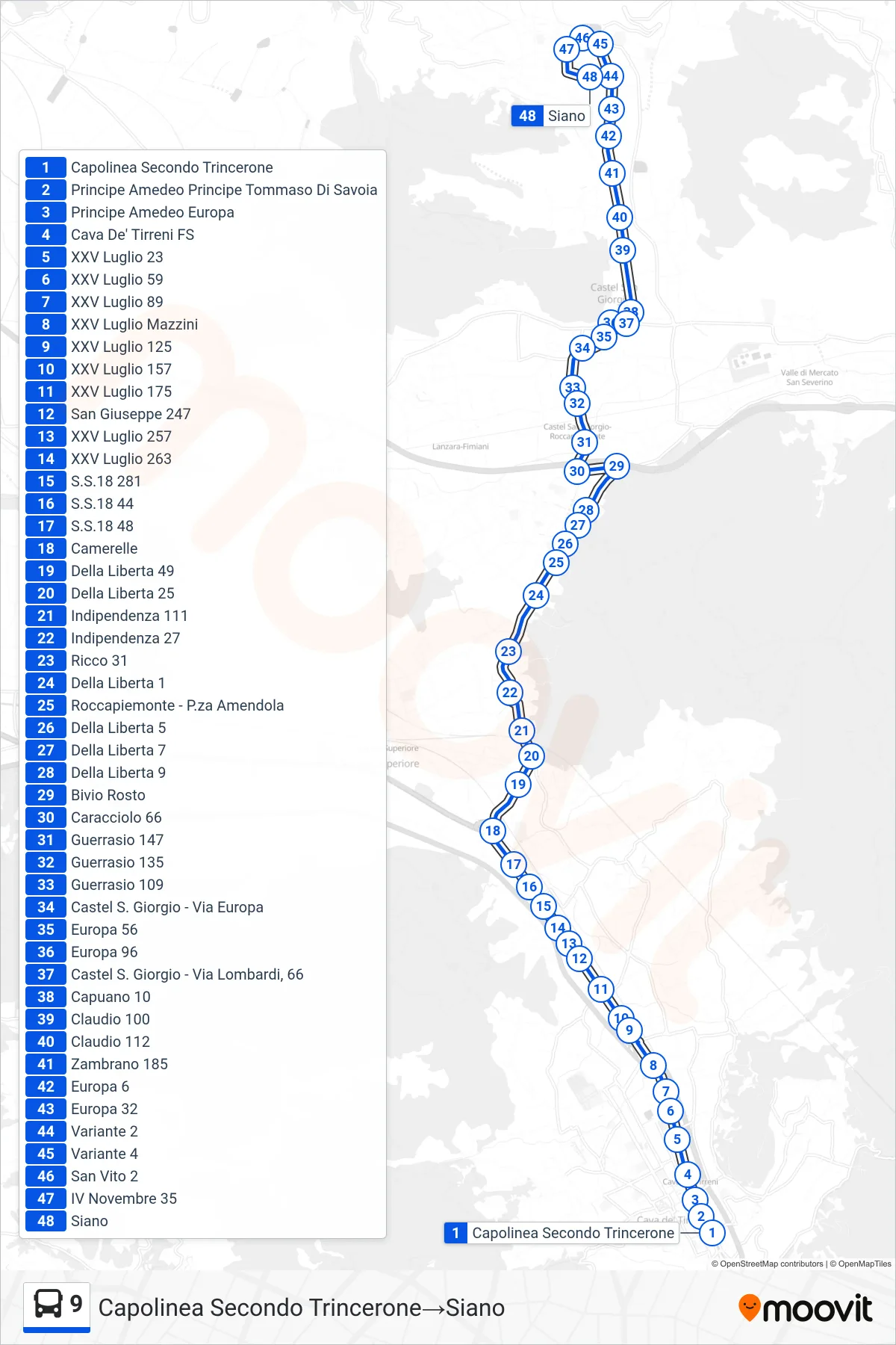 Linea 9  bus (Capolinea Secondo Trincerone‎→Siano) - Percorsi e fermate sulla mappa