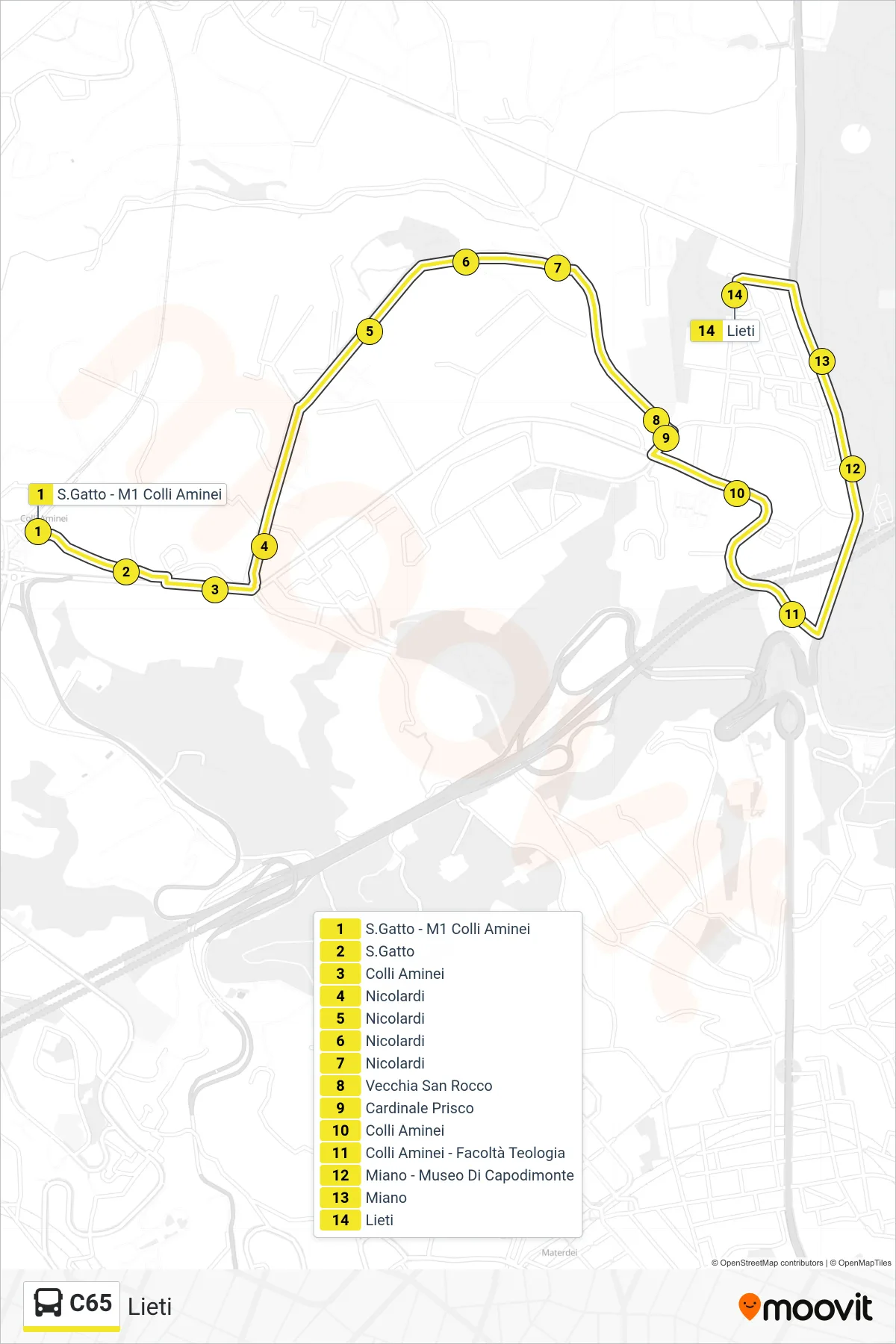 Linea C65 bus (Lieti) - Percorsi e fermate sulla mappa