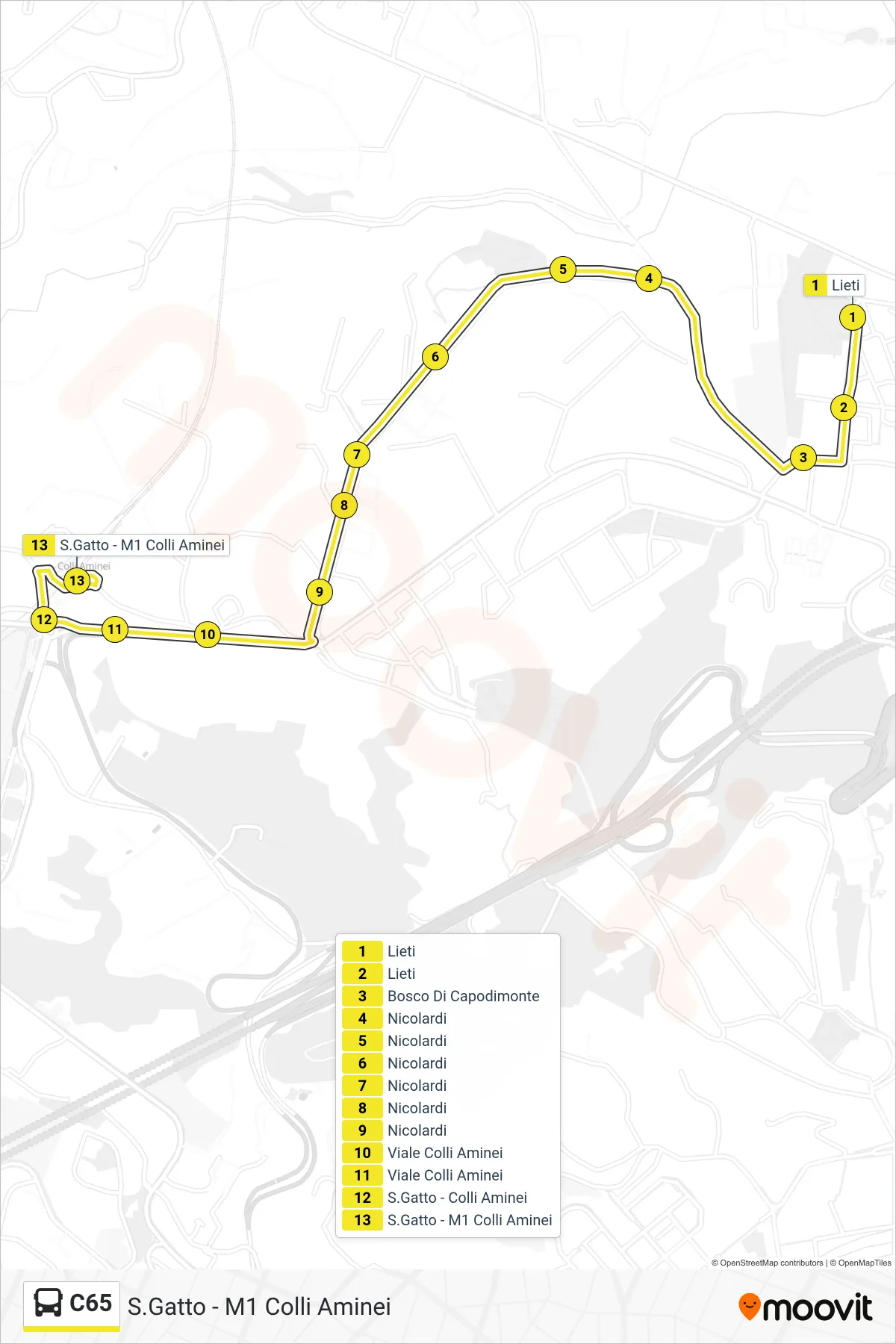 Linea C65 bus (S.Gatto - M1 Colli Aminei) - Percorsi e fermate sulla mappa