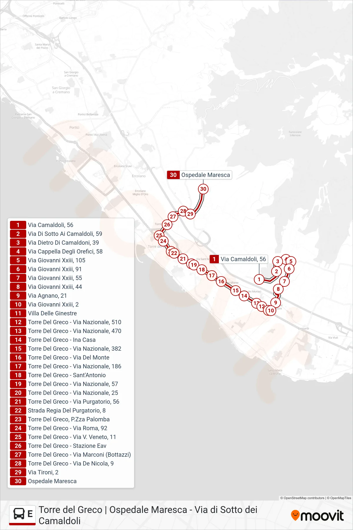 Linea E bus (Ospedale Maresca) - Percorsi e fermate sulla mappa