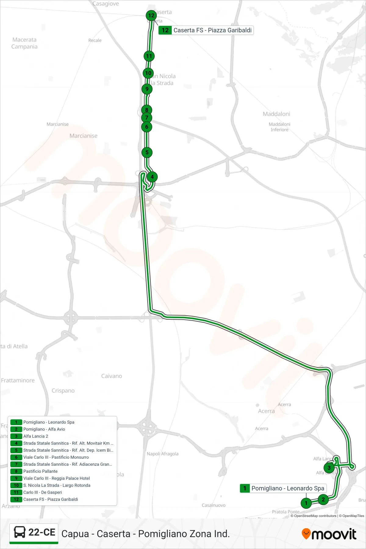 Linea 22-CE bus (Caserta FS) - Percorsi e fermate sulla mappa