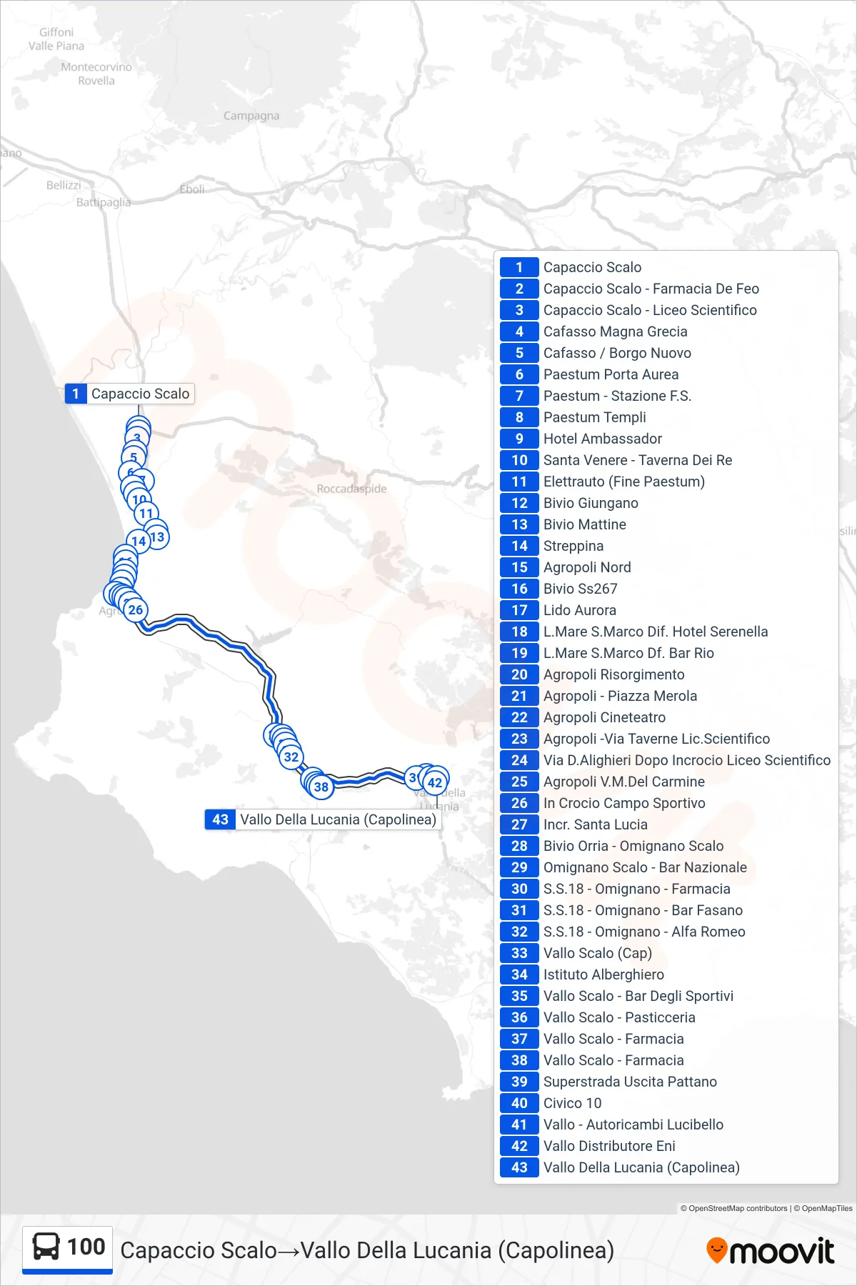 Linea 100  bus (Capaccio Scalo‎→Vallo Della Lucania (Capolinea)) - Percorsi e fermate sulla mappa