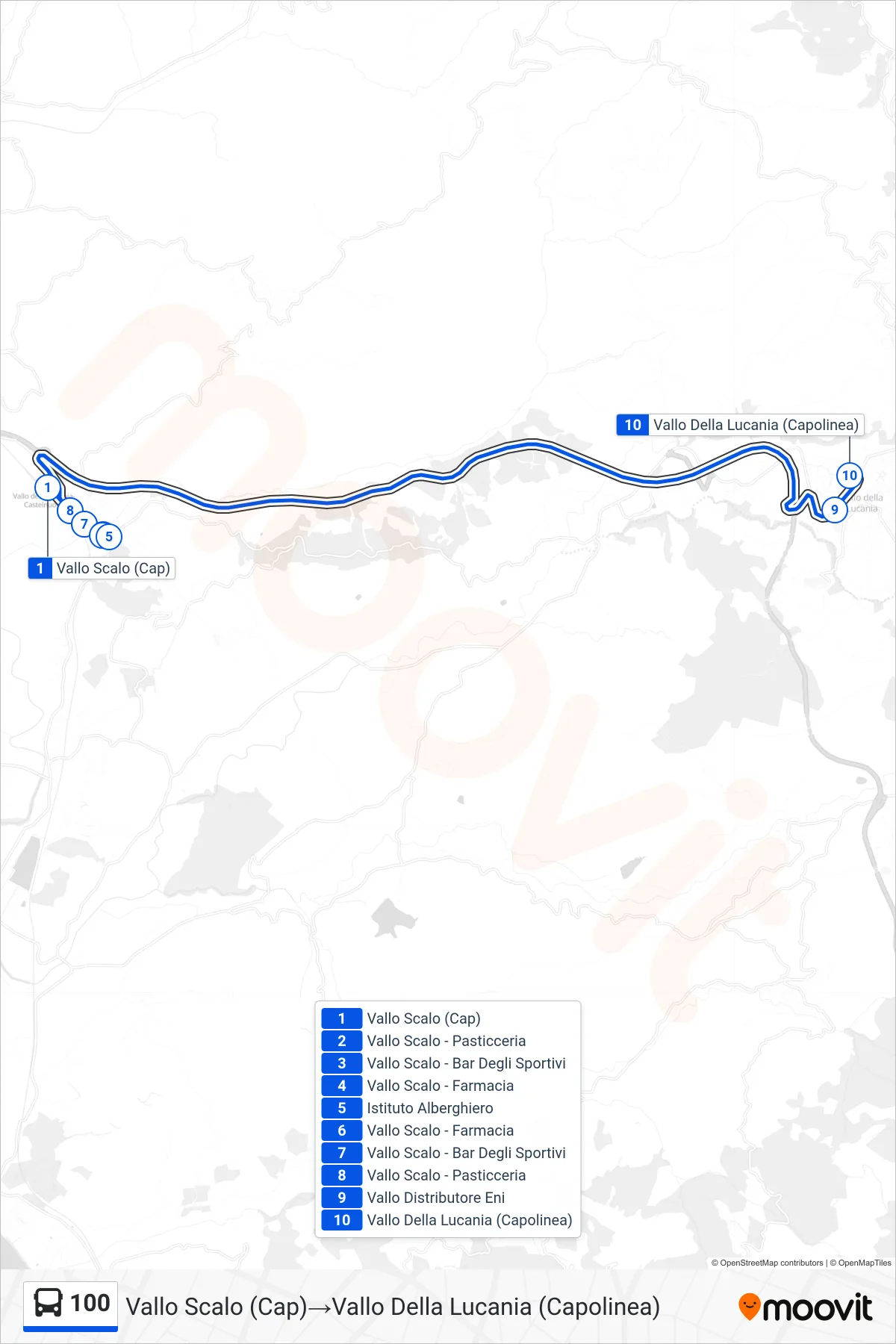 Linea 100  bus (Vallo Scalo (Cap)‎→Vallo Della Lucania (Capolinea)) - Percorsi e fermate sulla mappa