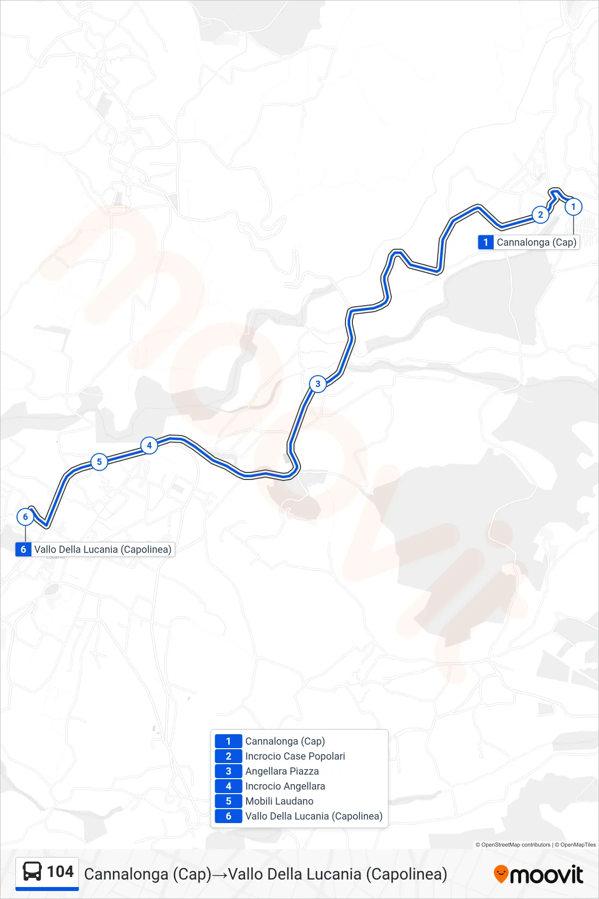 Linea 104  bus (Cannalonga (Cap)‎→Vallo Della Lucania (Capolinea)) - Percorsi e fermate sulla mappa