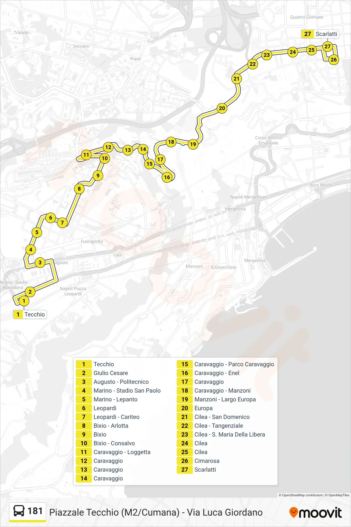 Linea 181  bus (Scarlatti) - Percorsi e fermate sulla mappa