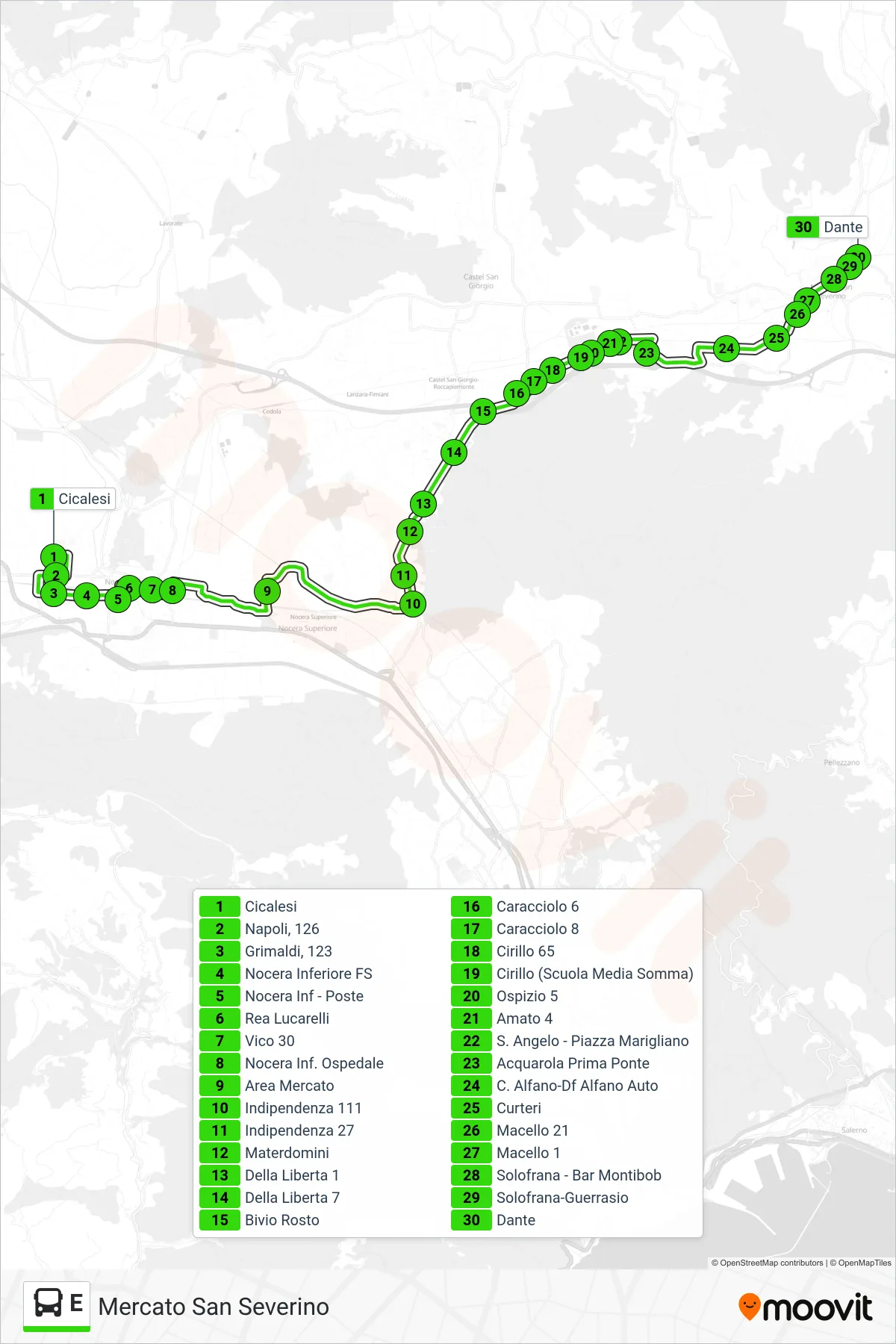 Linea E  bus (Mercato San Severino) - Percorsi e fermate sulla mappa