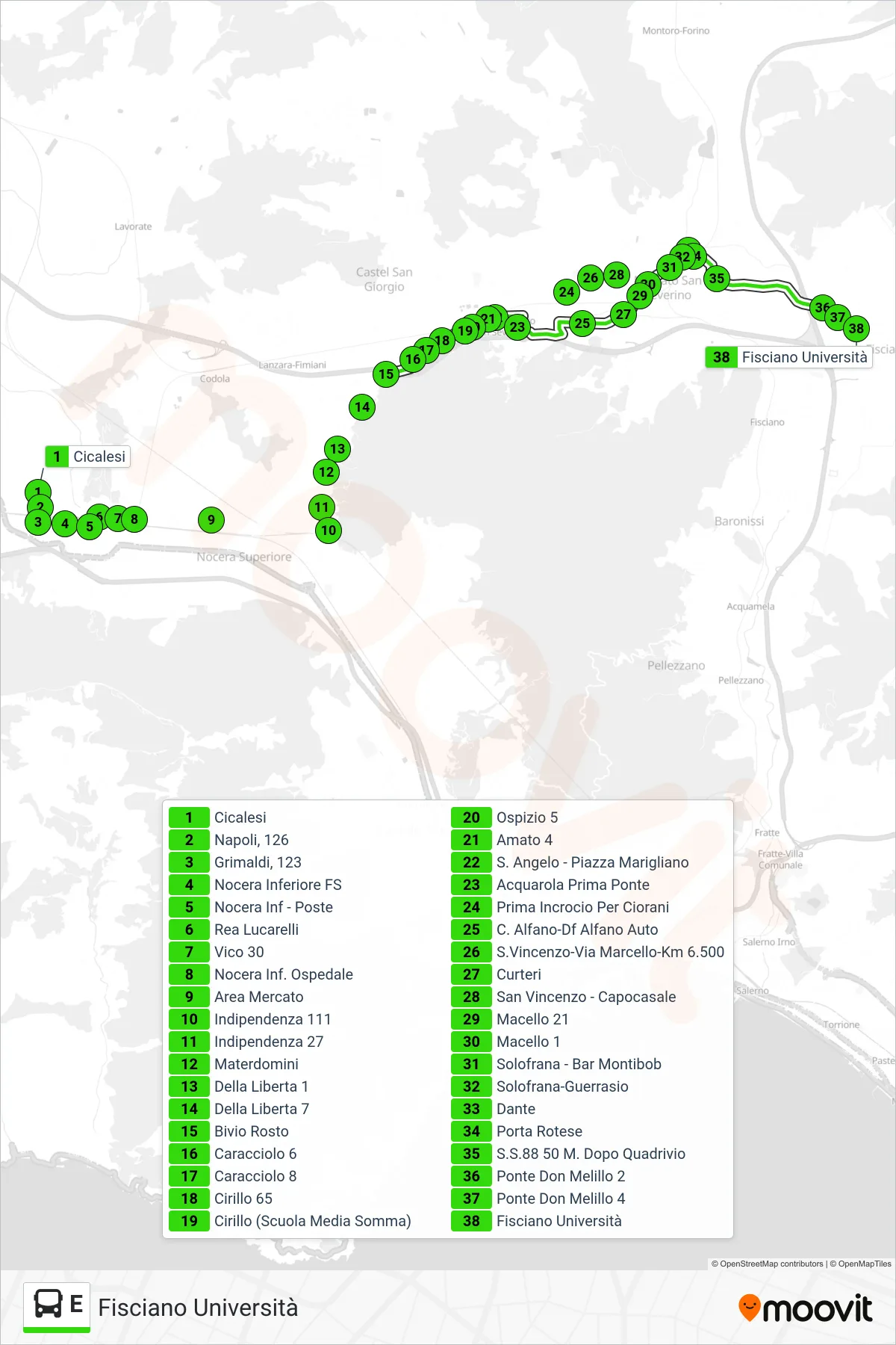 Linea E  bus (Fisciano Università) - Percorsi e fermate sulla mappa