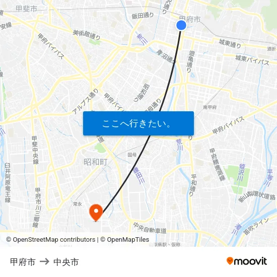 甲府市 to 中央市 map