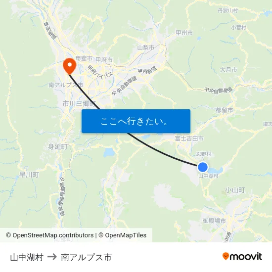 山中湖村 to 南アルプス市 map