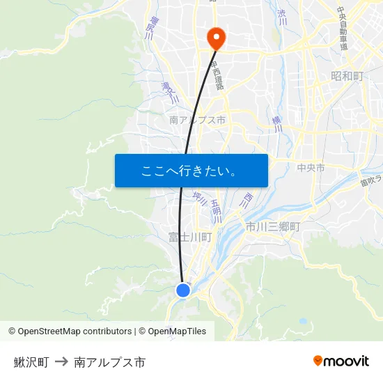 鰍沢町 to 南アルプス市 map