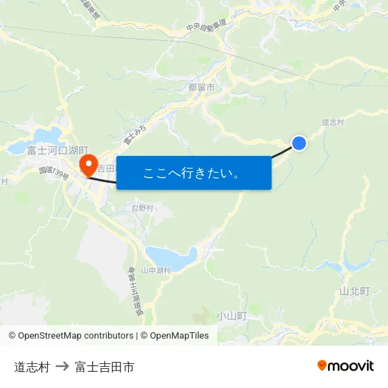 道志村 to 富士吉田市 map