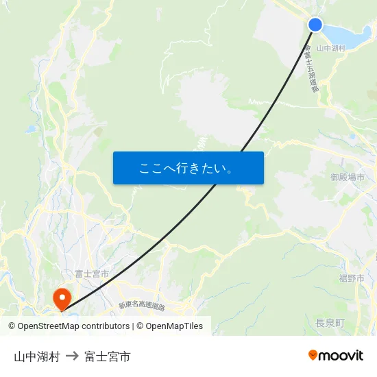 山中湖村 to 富士宮市 map