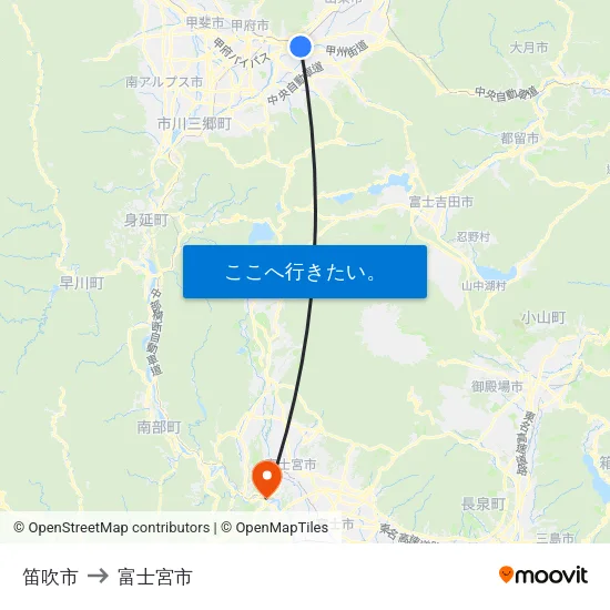 笛吹市 to 富士宮市 map