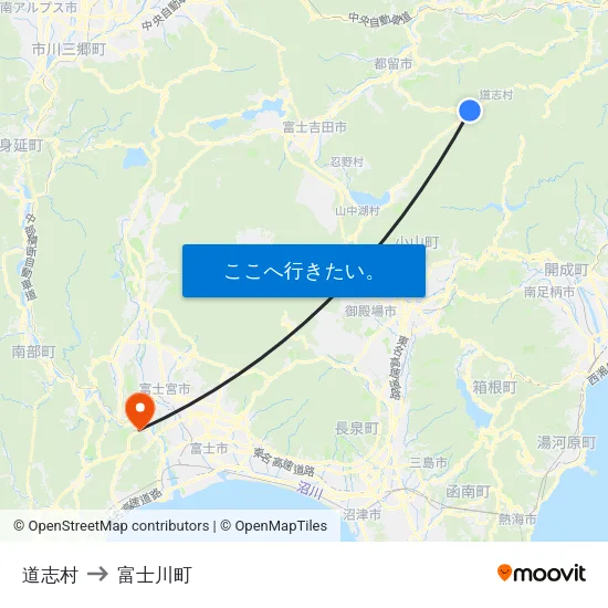 道志村 to 富士川町 map